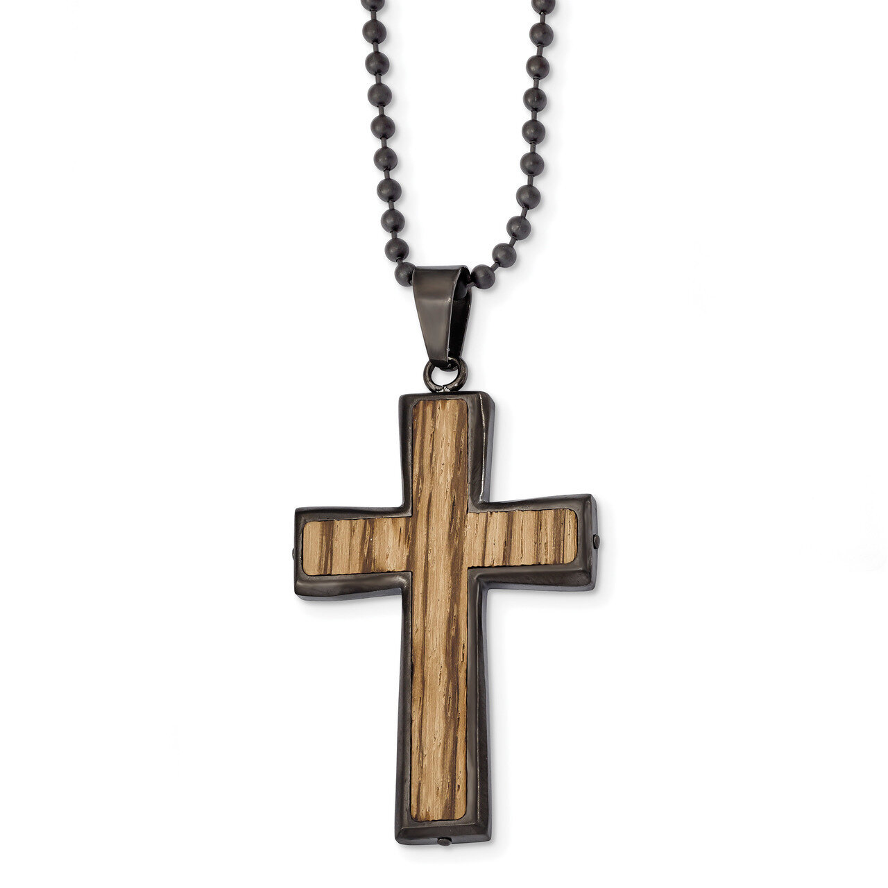 Gunmetal IP-plated with Wood Inlay Cross Necklace Stainless Steel Brushed SRN2347-24
