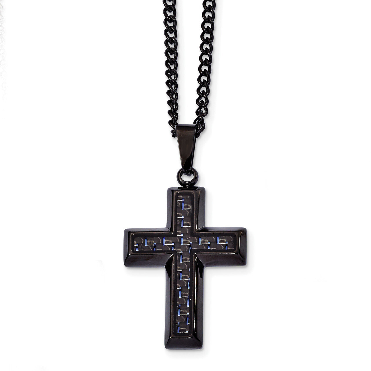 Black IP with Blue Carbon Fiber Inlay Cross Necklace Stainless Steel Polished SRN2361-24