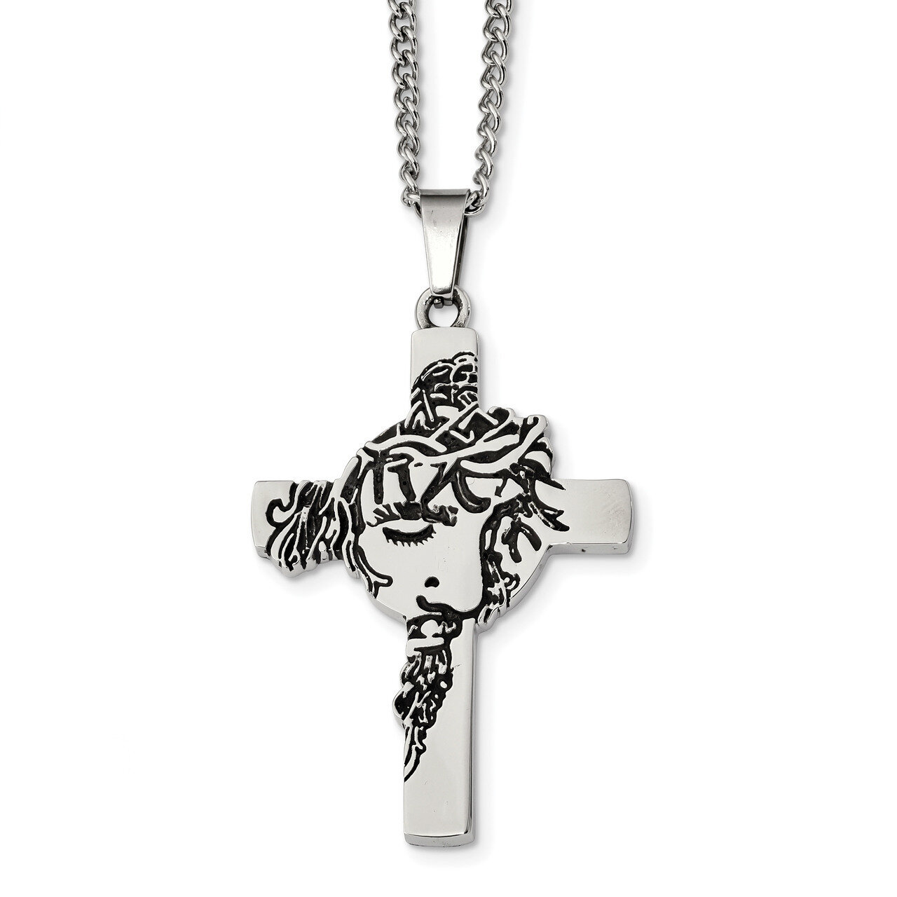 Jesus Face Cross Necklace Stainless Steel Antiqued and Polished SRN2364-24