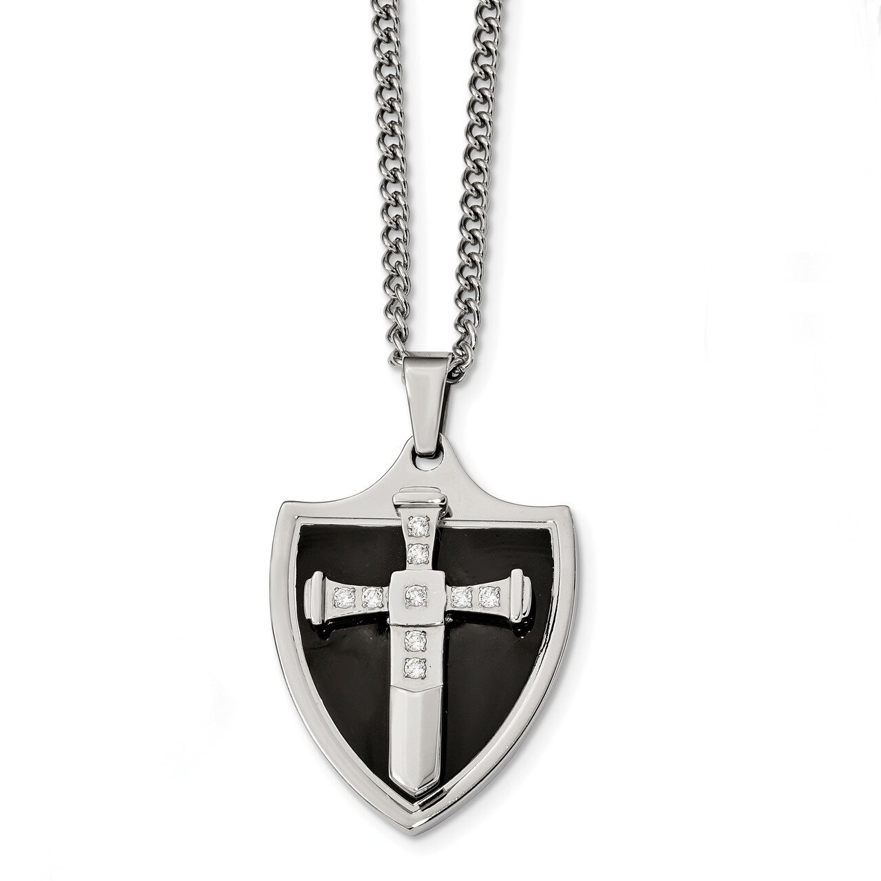 Black IP-plated with Diamond CZ Cross Shield Necklace Stainless Steel Polished SRN2374-24 by Chisel…