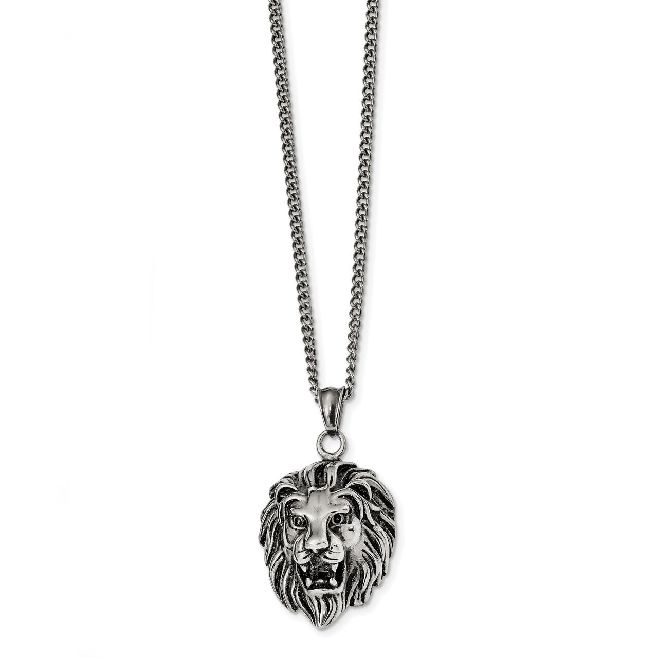 Lion Head 24 inch Necklace Stainless Steel Antiqued and Polished SRN2383-24