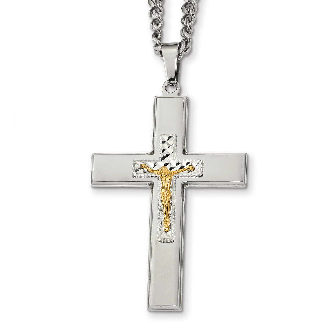 Yellow IP-plated 24 inch Crucifix Necklace Stainless Steel Polished SRN2384-24 by Chisel, MPN: SRN2…