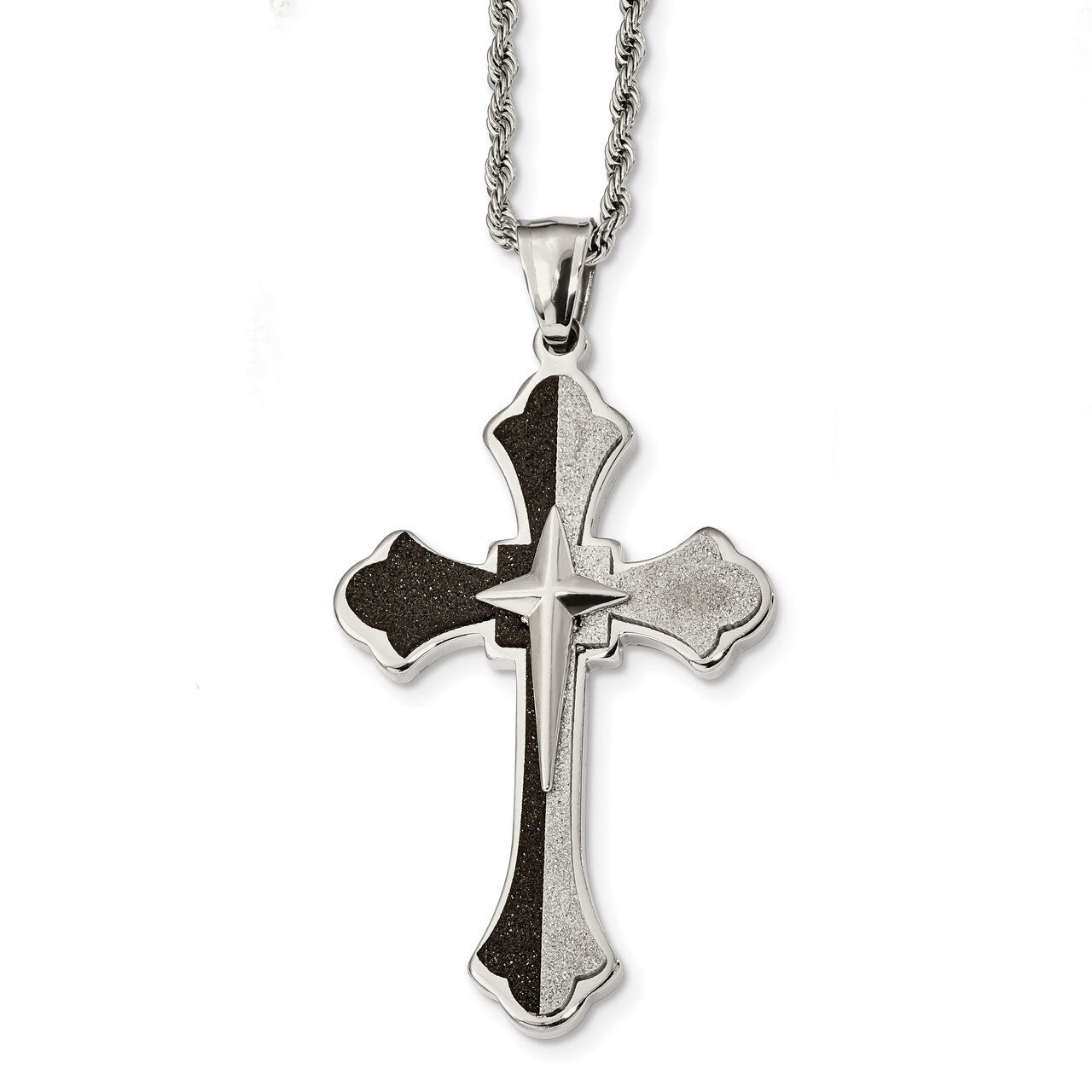 Black IP-plated Laser cut 24 Inch Cross Necklace Stainless Steel Polished SRN2390-24