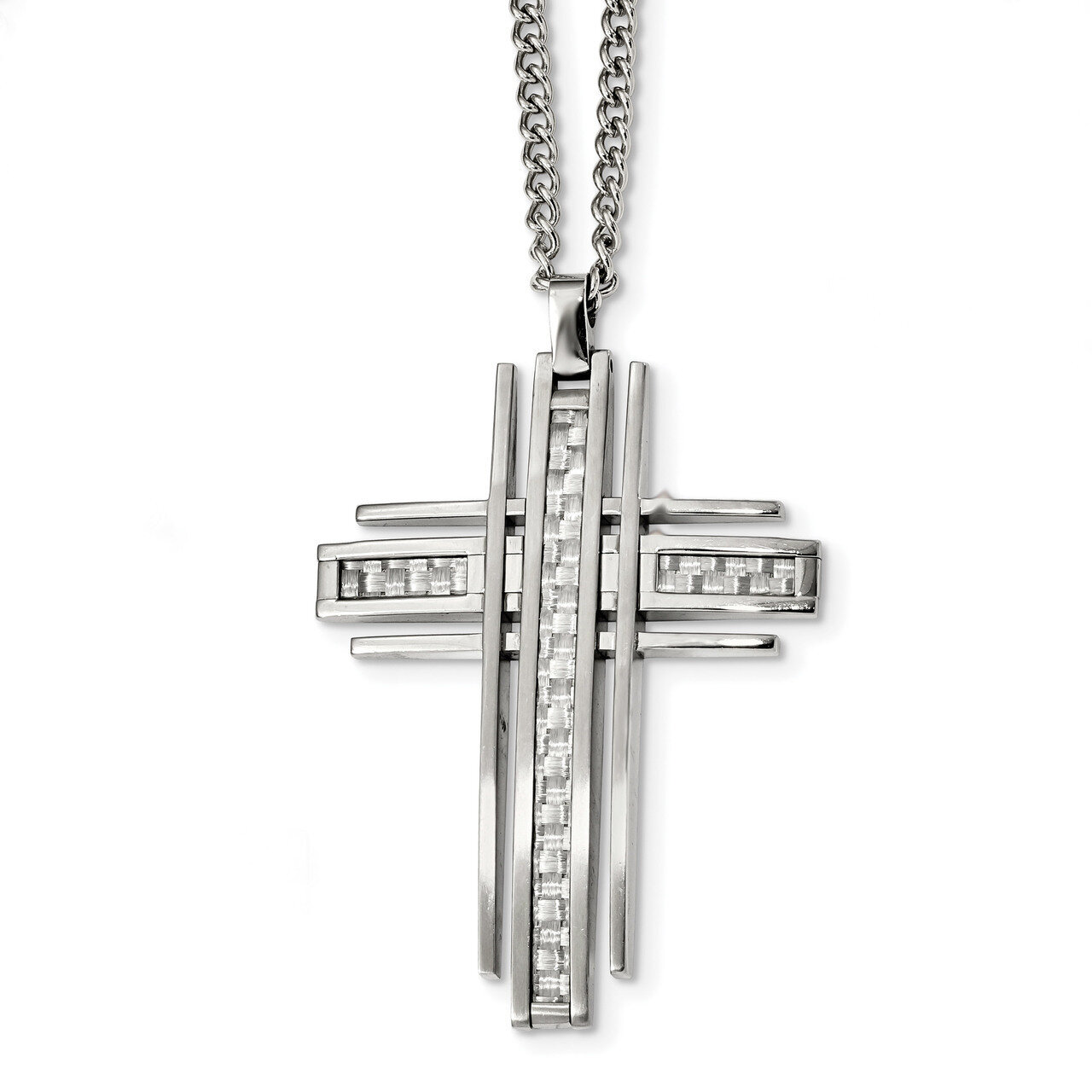 Grey Carbon Fiber Inlay 24 Inch Cross Necklace Stainless Steel Polished SRN2393-24