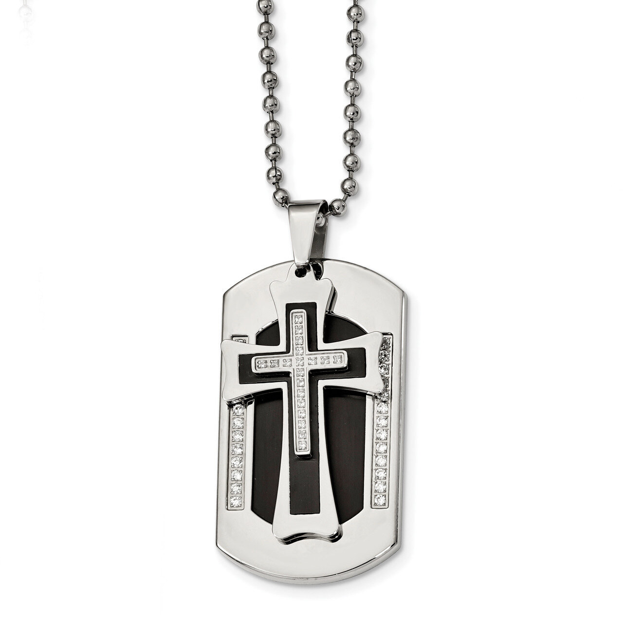 Black IP with Diamond CZ Cross Dog Tag Necklace Stainless Steel Brushed & Polished SRN2404-22
