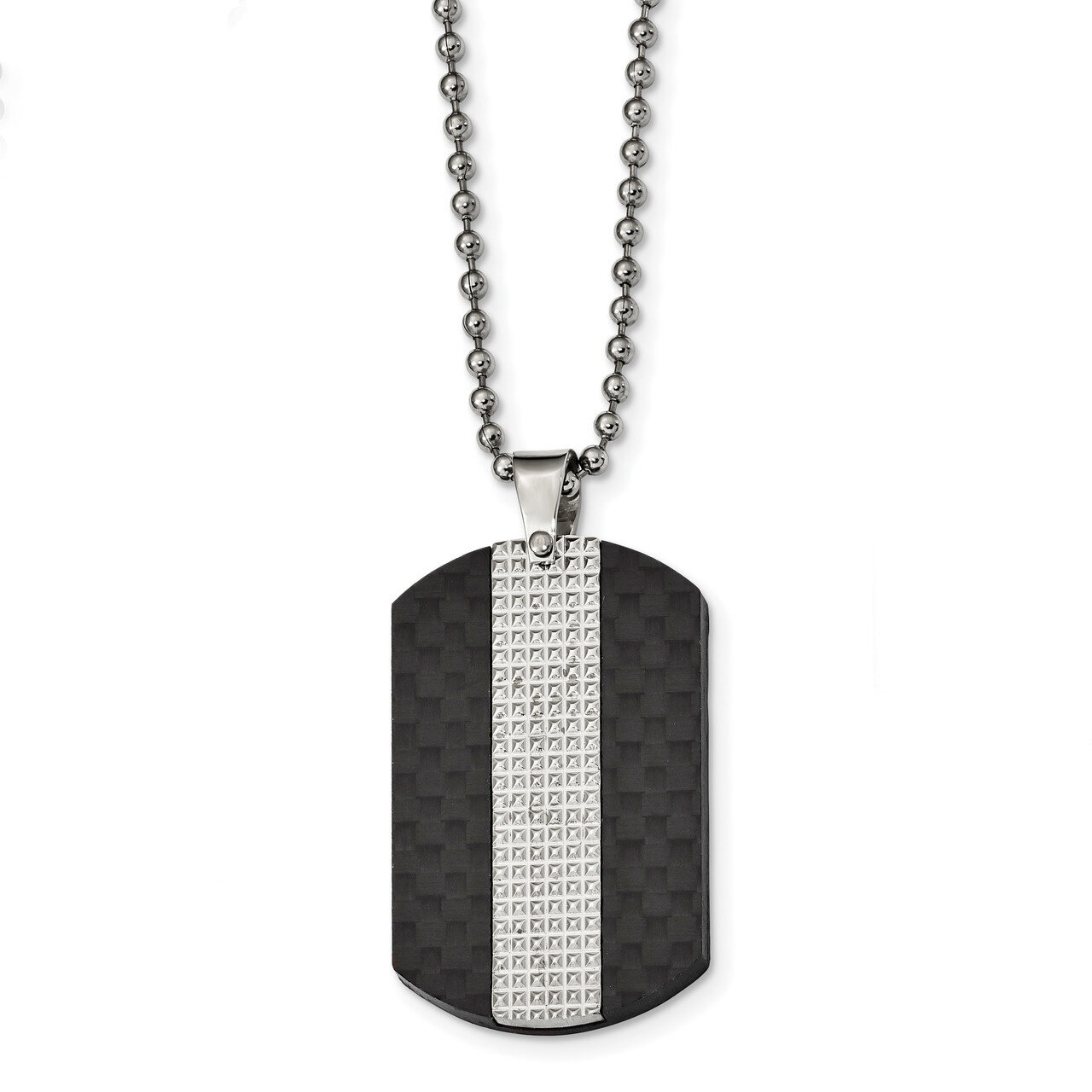 Studded Black Solid Carbon Fiber Dog Tag Necklace Stainless Steel Polished SRN2423-22