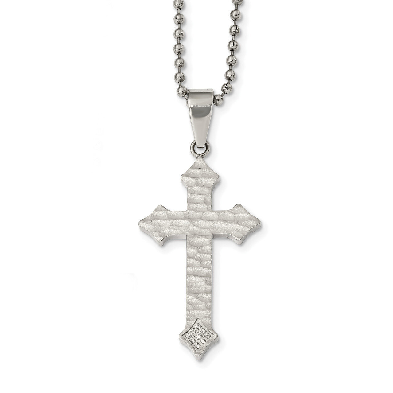 Stainless Steel Polished Satin Hammered Diamond CZ Cross Necklace Stainless Steel Polished SRN2436-22