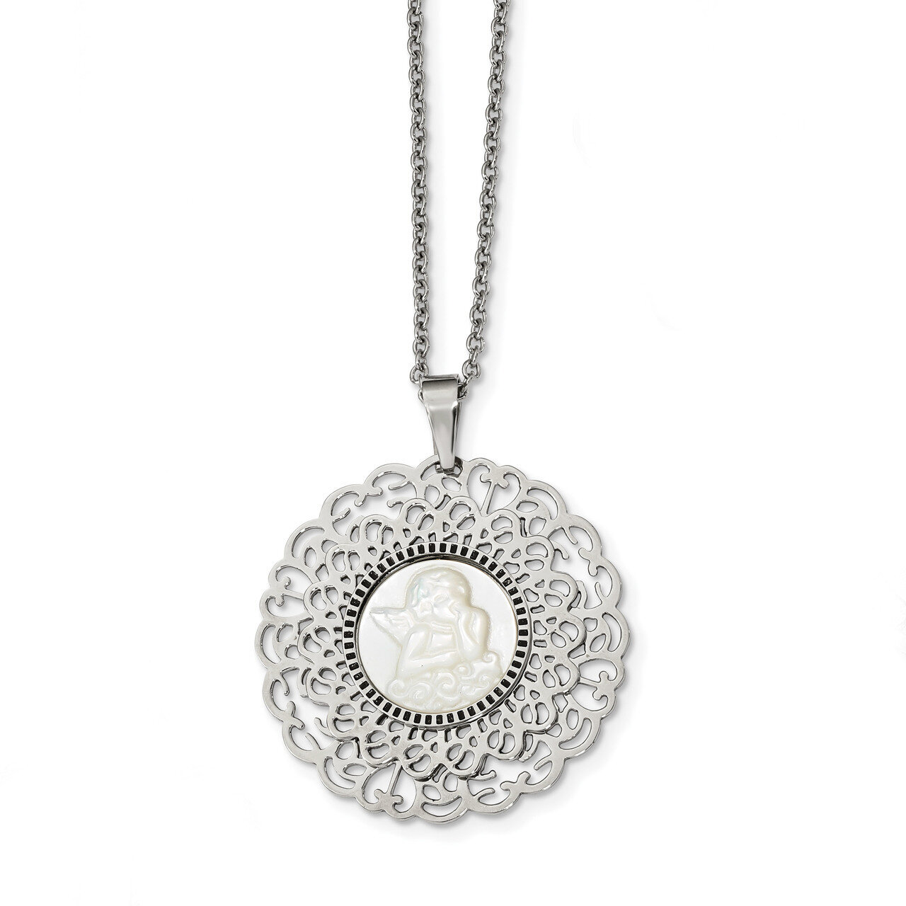 Mother of Pearl Angel 22 inch Necklace Stainless Steel Polished SRN2442-22 by Chisel, MPN: SRN2442-…