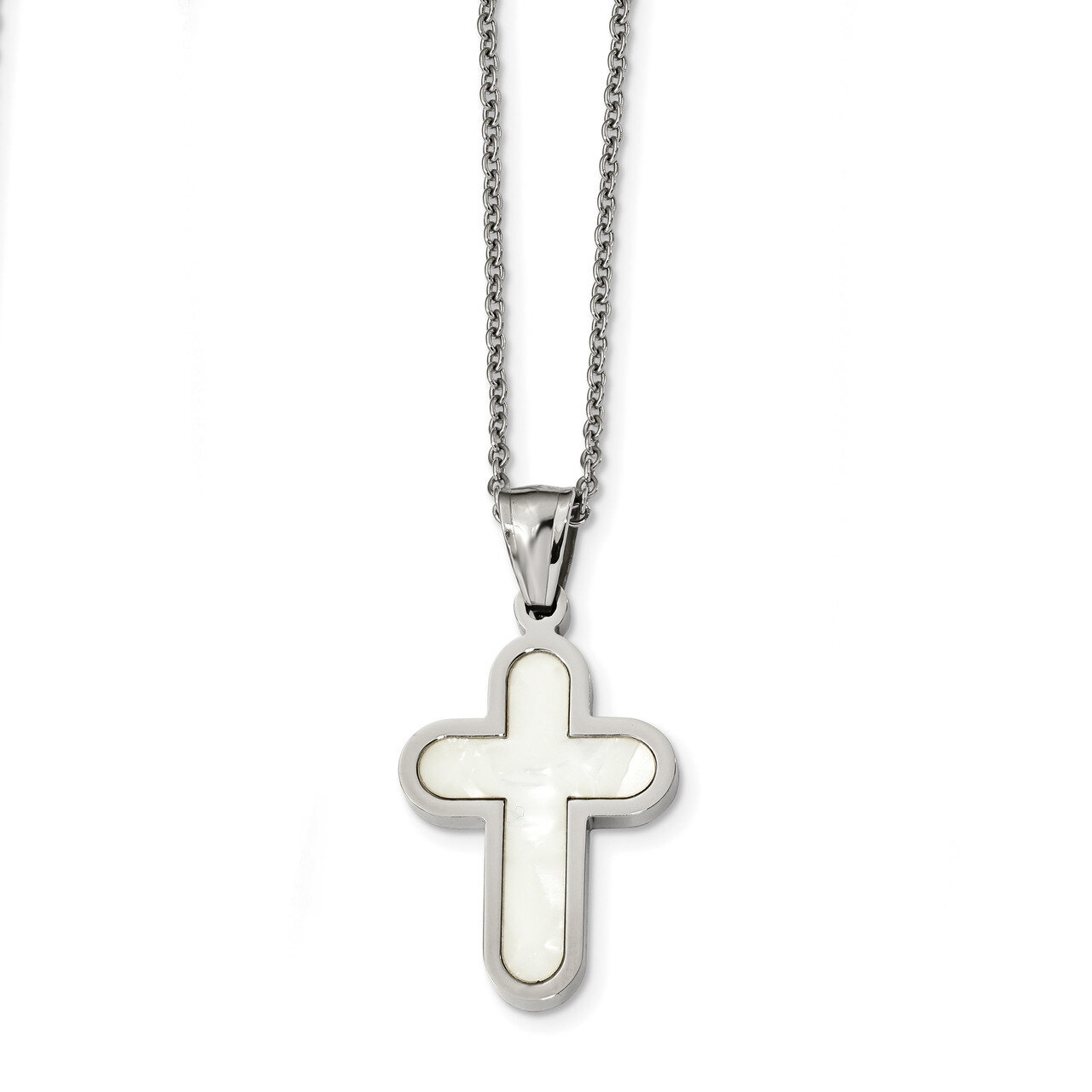 Mother Of Pearl Cross 22 inch Necklace Stainless Steel Polished SRN2451-22 by Chisel, MPN: SRN2451-…
