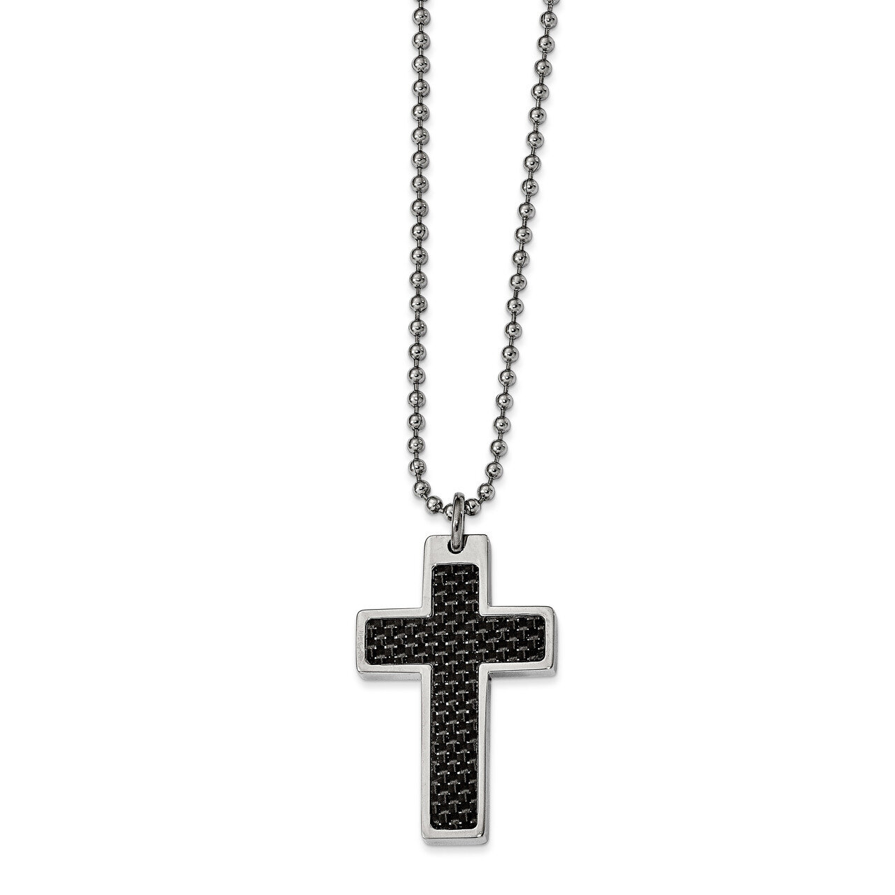 Black Carbon Fiber Inlay Cross 20in Necklace Stainless Steel Polished SRN310-20