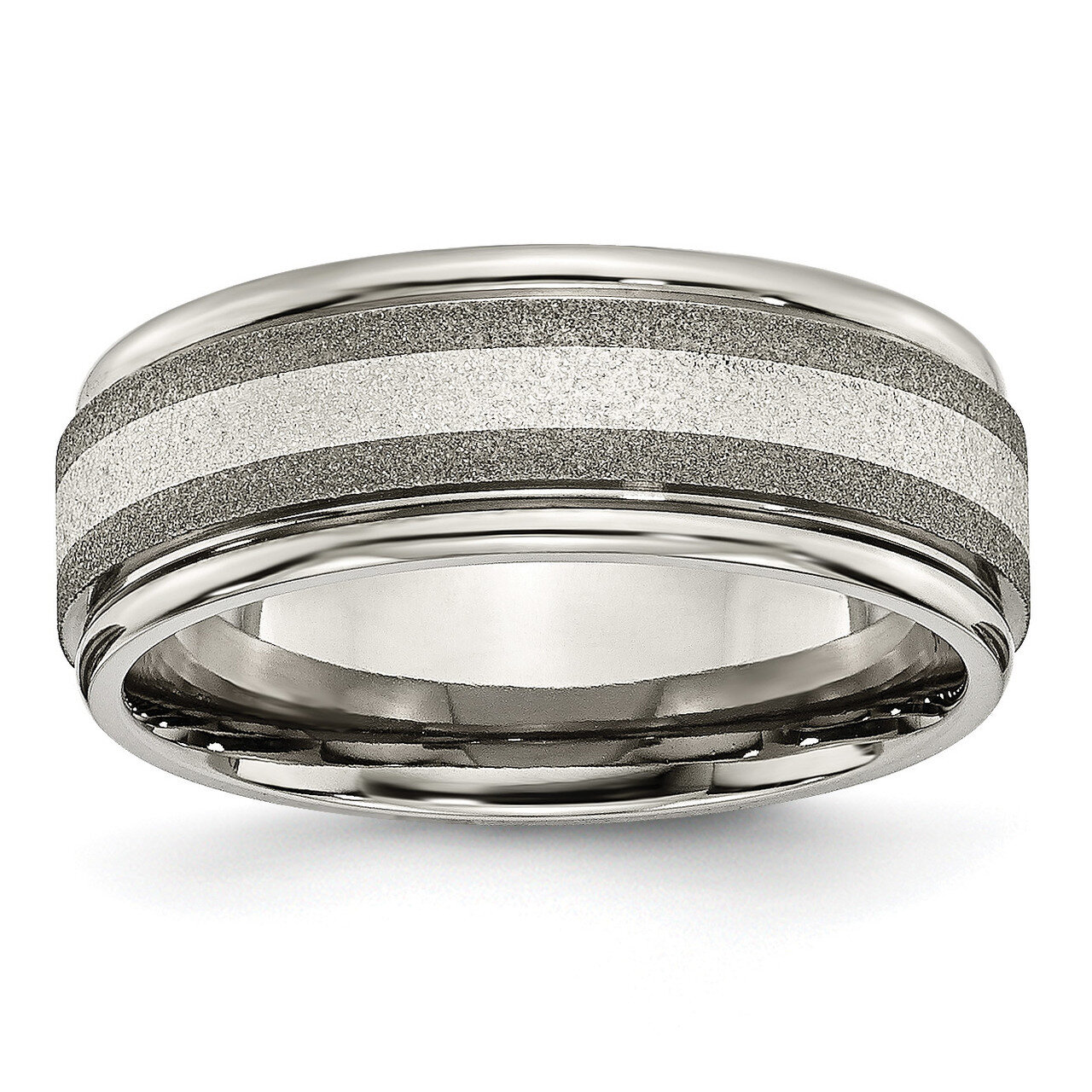 Stone Finish Center Grooved Edge Sterling Inlay Band Titanium Polished TB83_CH by Chisel, MPN: TB83…