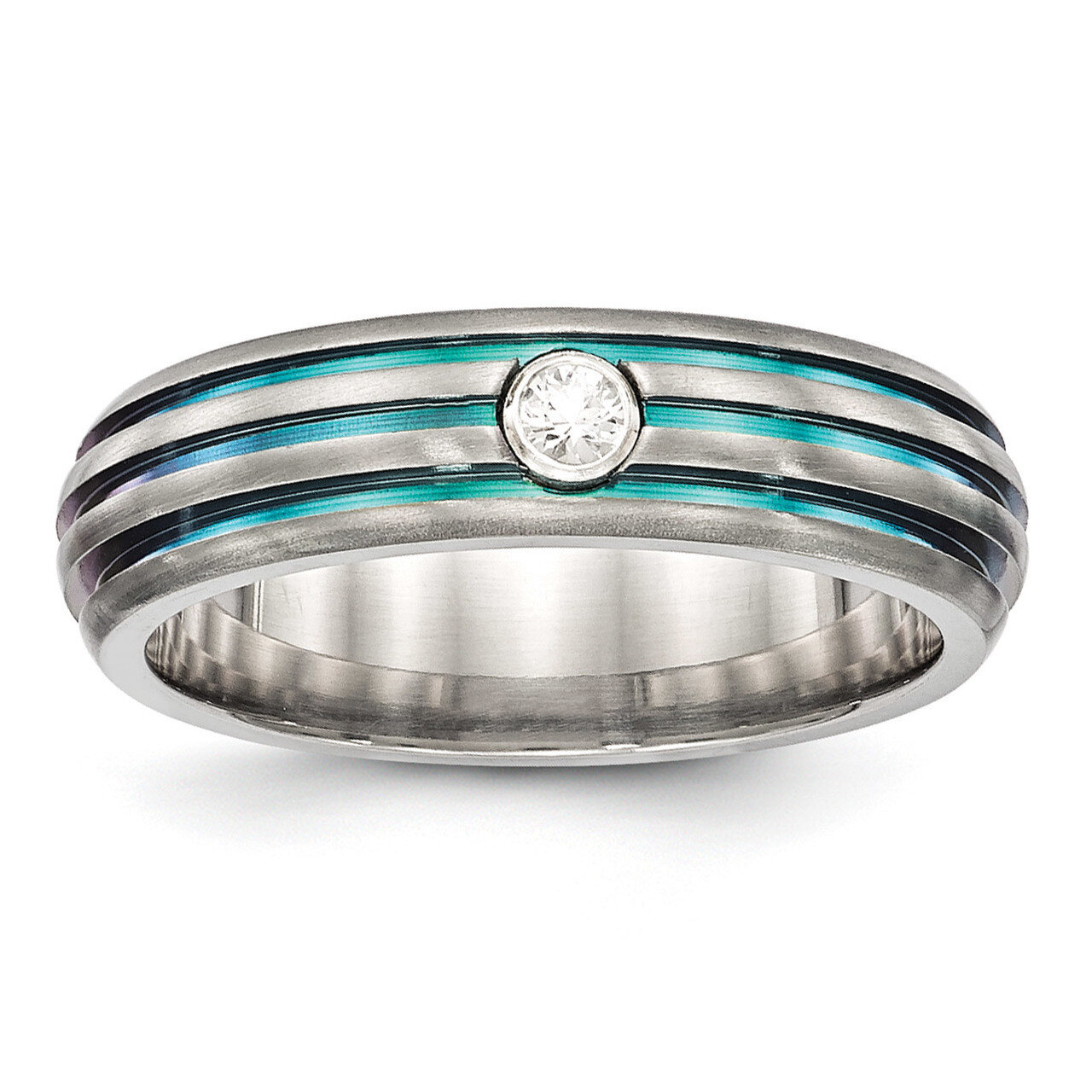 Edward Mirell Titanium Trpl Groove Multicolor Anodized White Sapphire Ring