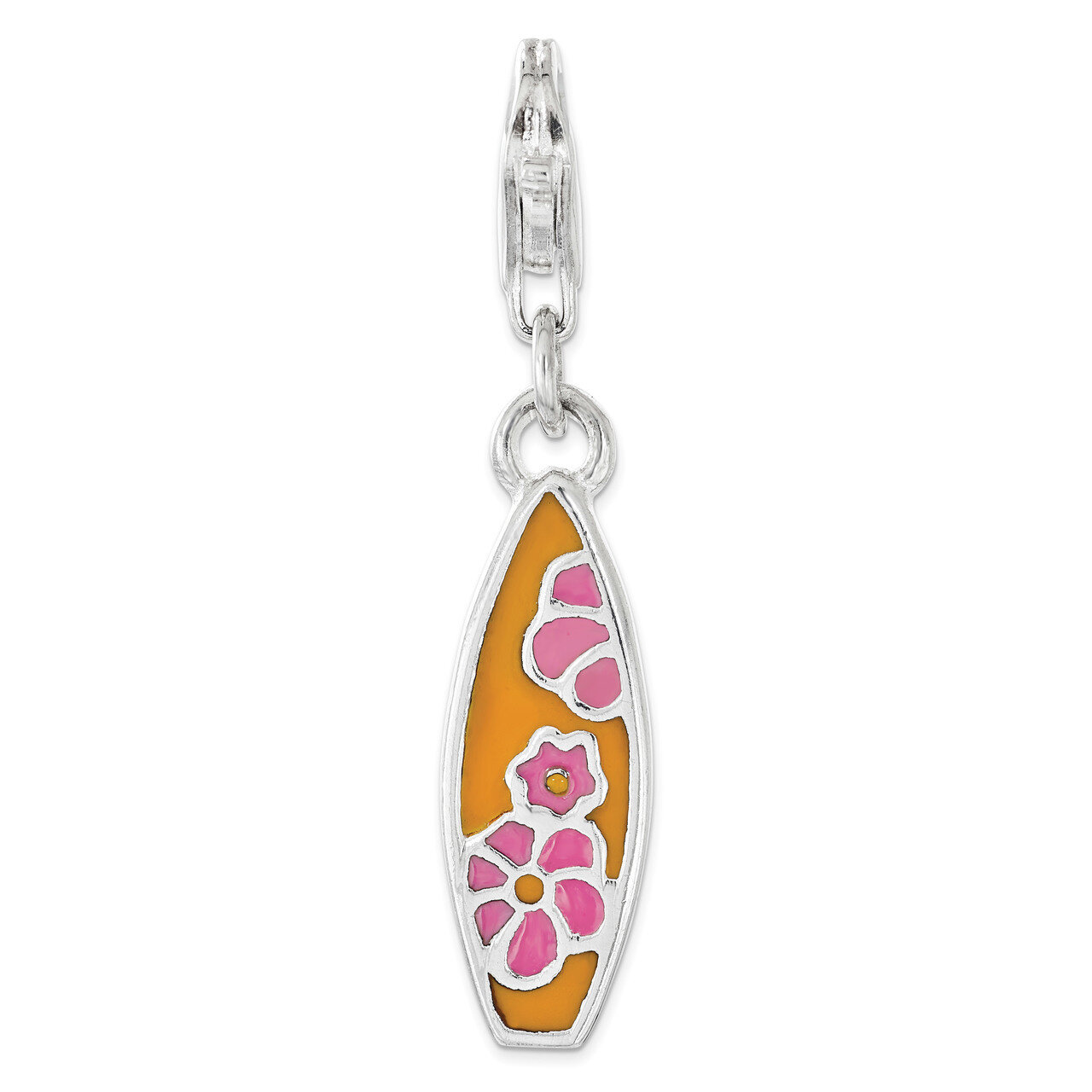 Surf Board with Flowers Charm - Sterling Silver Enameled QCC1213