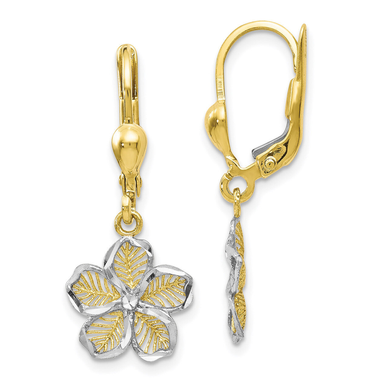Polished Diamond-cut Filigree Flower Leverback Earrings 10k Gold Rhodium-plated HB-10LE404
