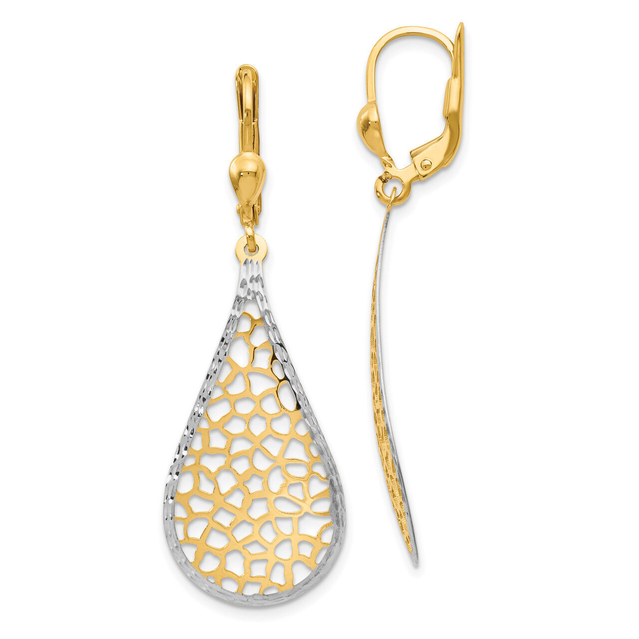 Polished & Diamond-cut Leverback Earrings 14k Gold with White Rhodium HB-LE935