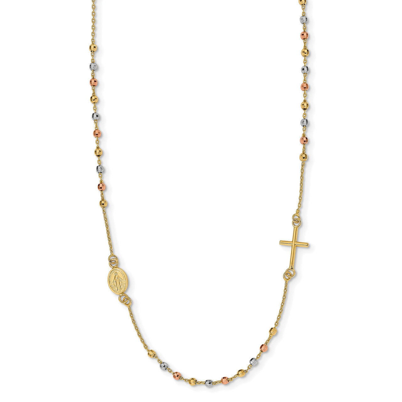 Sideways Cross Beaded Rosary Style Necklace 18 Inch 14k Tri-color Gold HB-LF1140-18