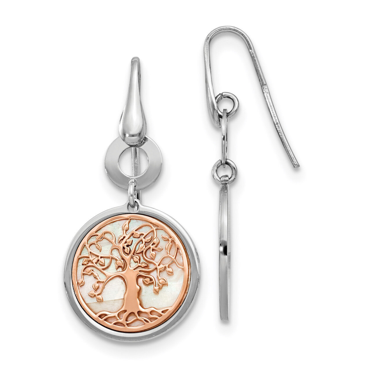 Rose tone MOP Tree of Life Dangle Earrings Sterling Silver HB-QLE1192