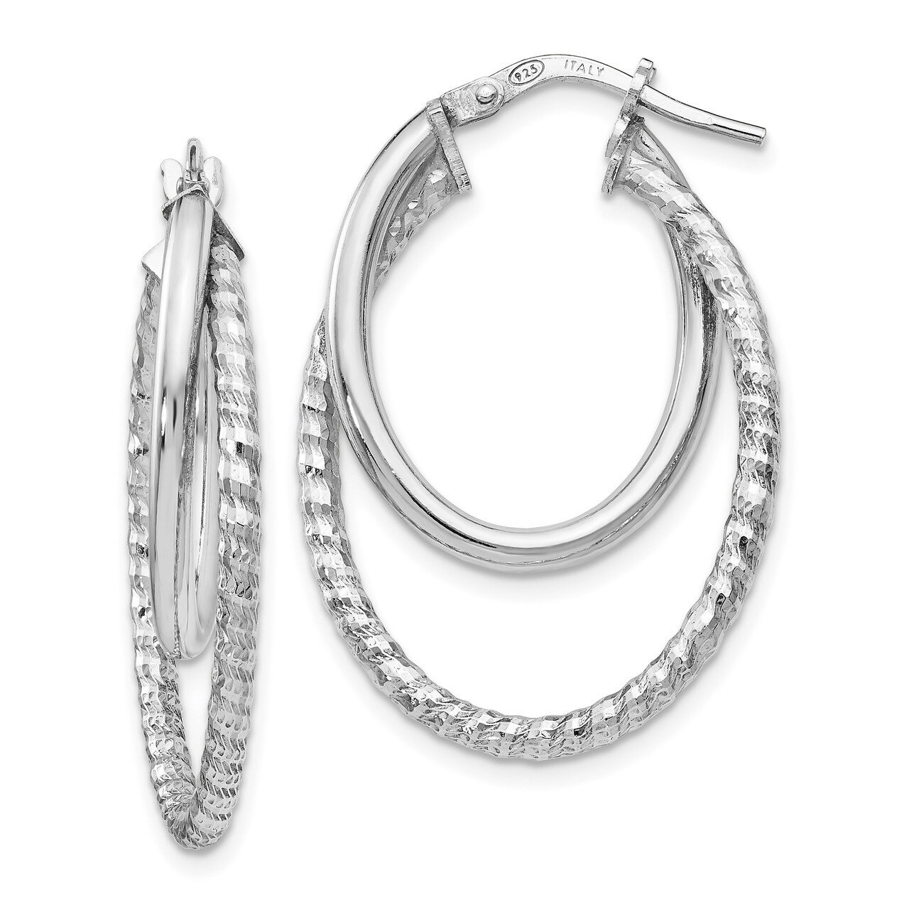 Diamond-cut Oval Hoop Earrings Sterling Silver Polished HB-QLE981