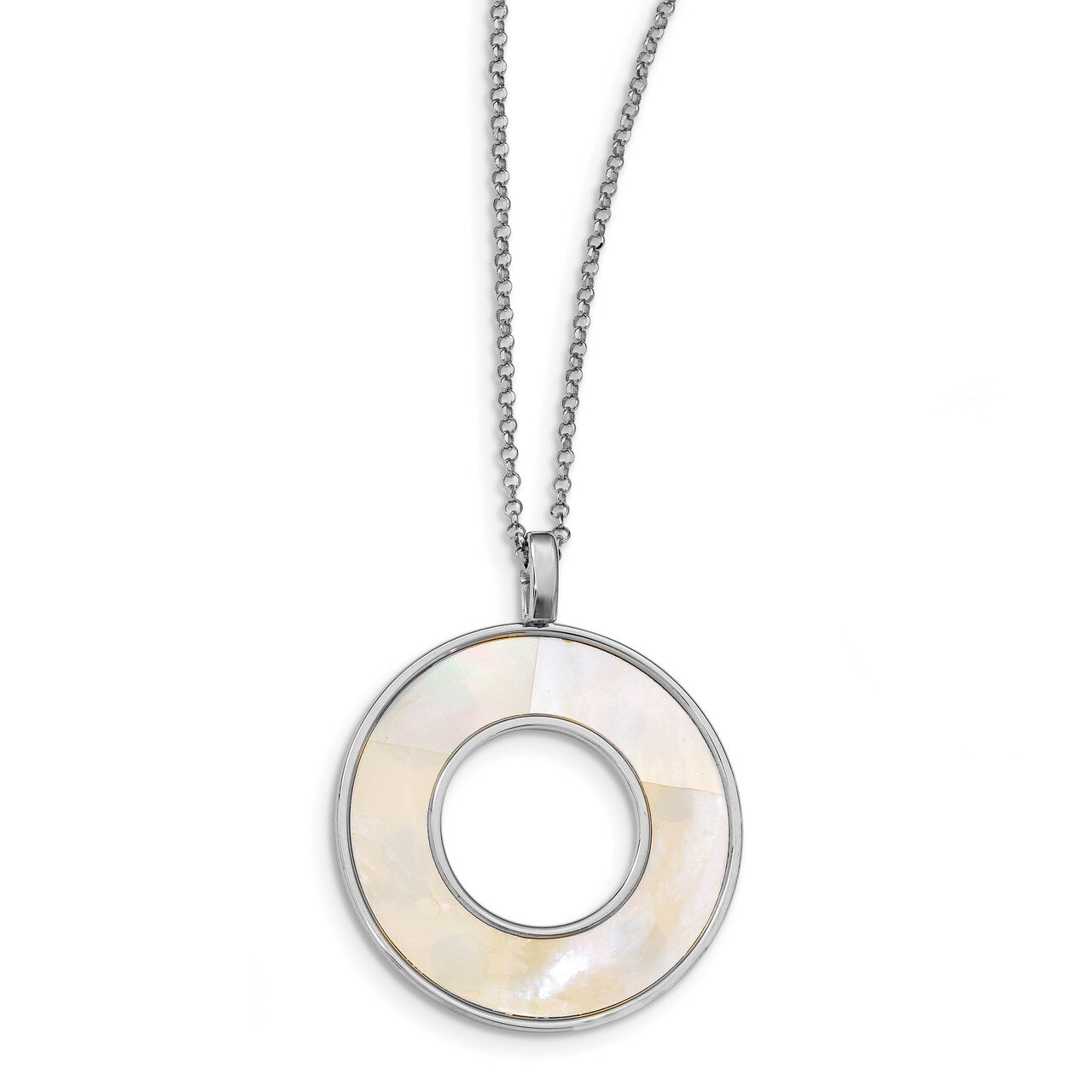 Mother of Pearl Circle Pendant Necklace 23.5 Inch Sterling Silver HB-QLF950-23.5