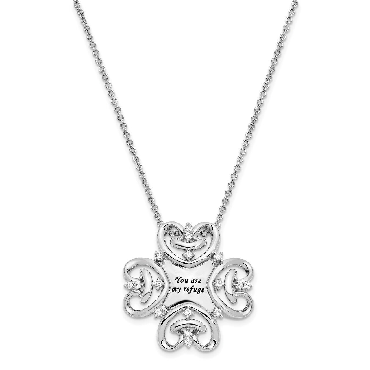 Antiqued You Are My Refuge 18 Inch Necklace Sterling Silver CZ Diamond QSX620