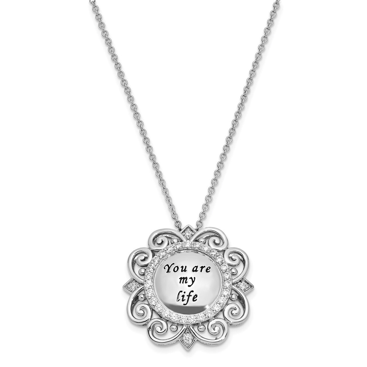 Antiqued You Are My Life 18 Inch Necklace Sterling Silver CZ Diamond QSX652