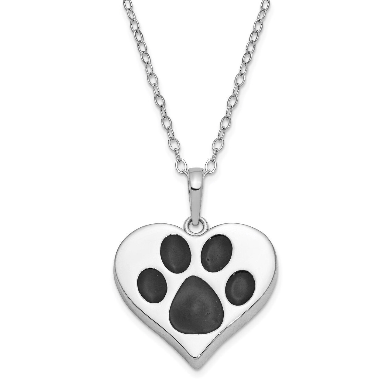 Black Paw In Heart Ash Holder 18 Inch Necklace Sterling Silver Antiqued QSX697