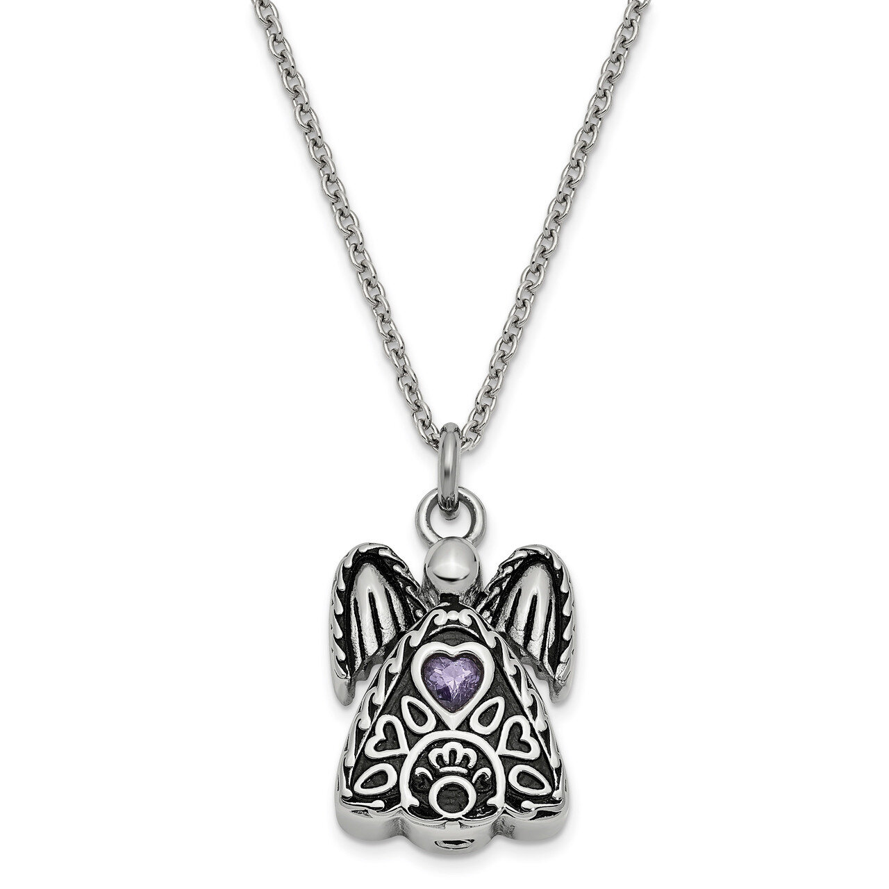 February Birth Stone Ash Holder Birth Stone 18 Inch Necklace Stainless Steel CZ Diamond Antiqued SS…