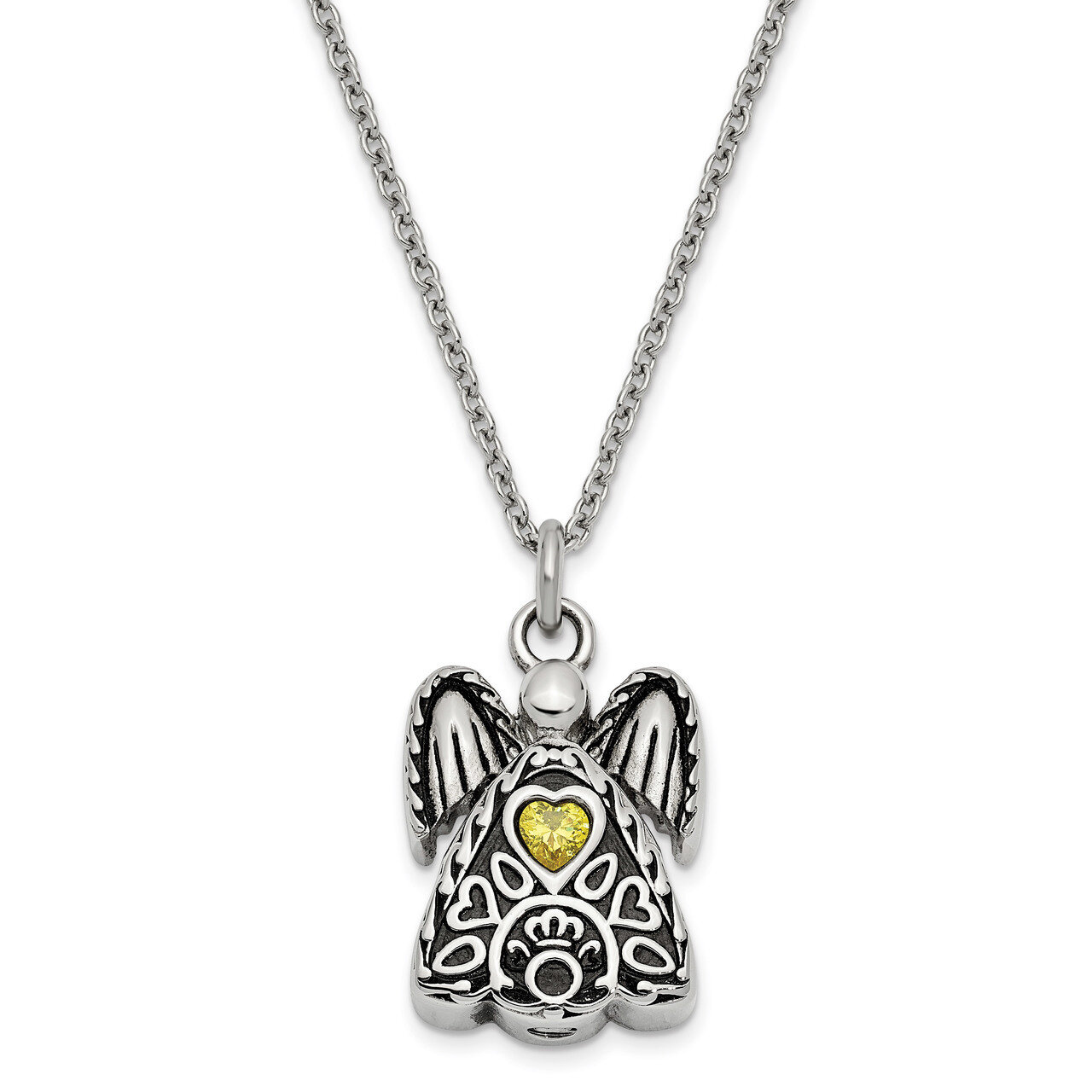 November Birth Stone Ash Holder Birth Stone 18 Inch Necklace Stainless Steel CZ Diamond Antiqued SS…
