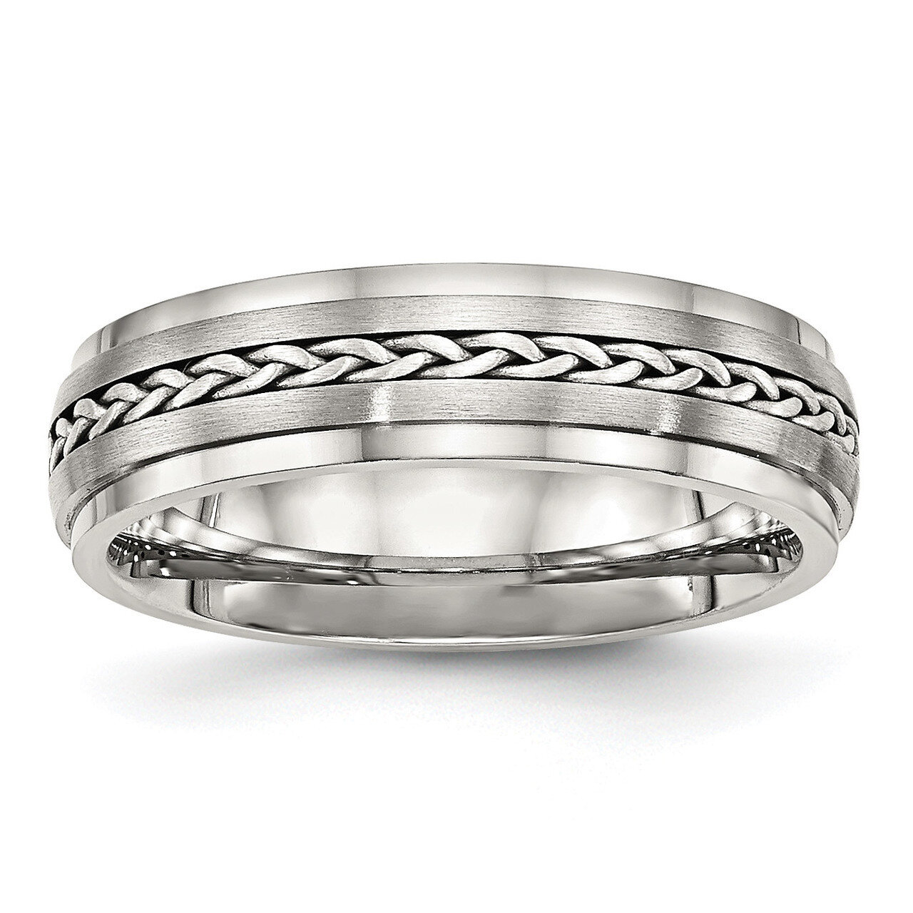 Brushed with Silver Braid Inlay Ring Stainless Steel Polished SR464