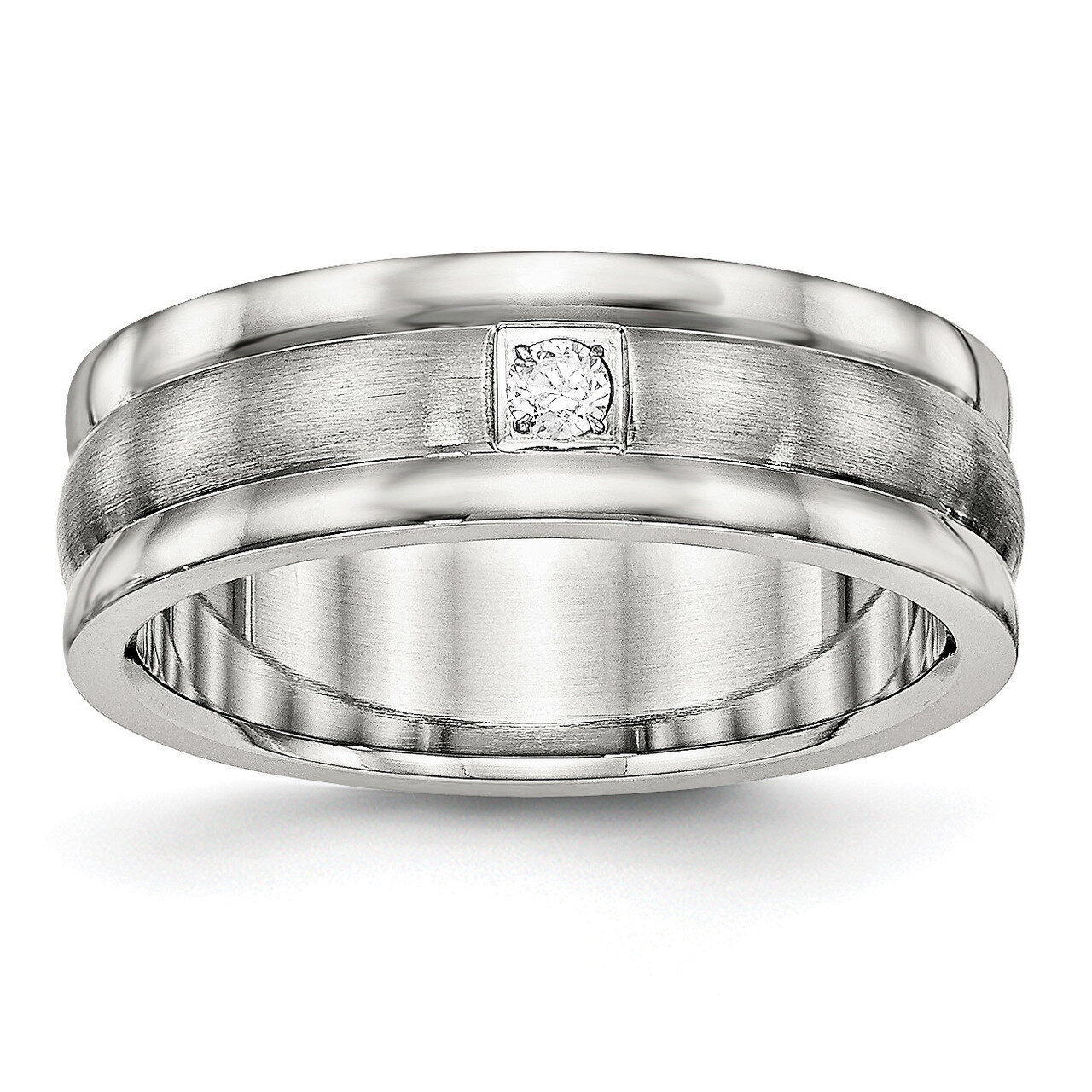 Brushed Grooved CZ Diamond Ring Stainless Steel Polished SR508, MPN: SR508, 191101432071