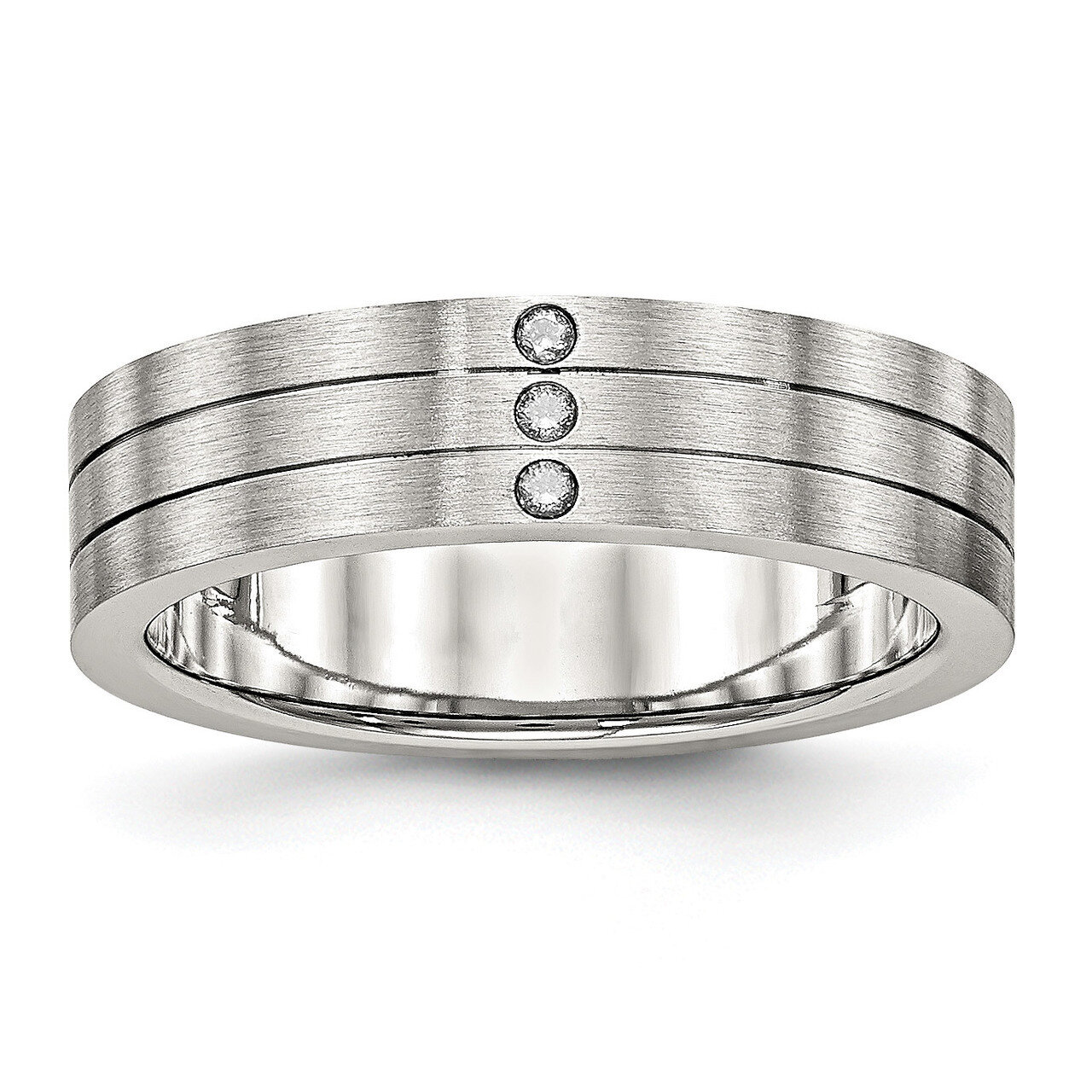 Grooved Three CZ Diamond Ring Stainless Steel Brushed SR514, MPN: SR514, 191101559617