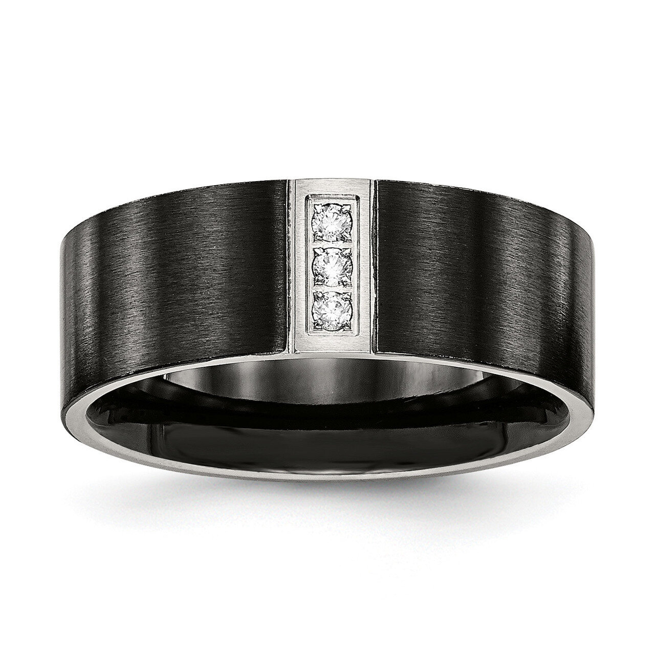 Black IP Flat Three CZ Diamond Ring Stainless Steel Brushed SR518