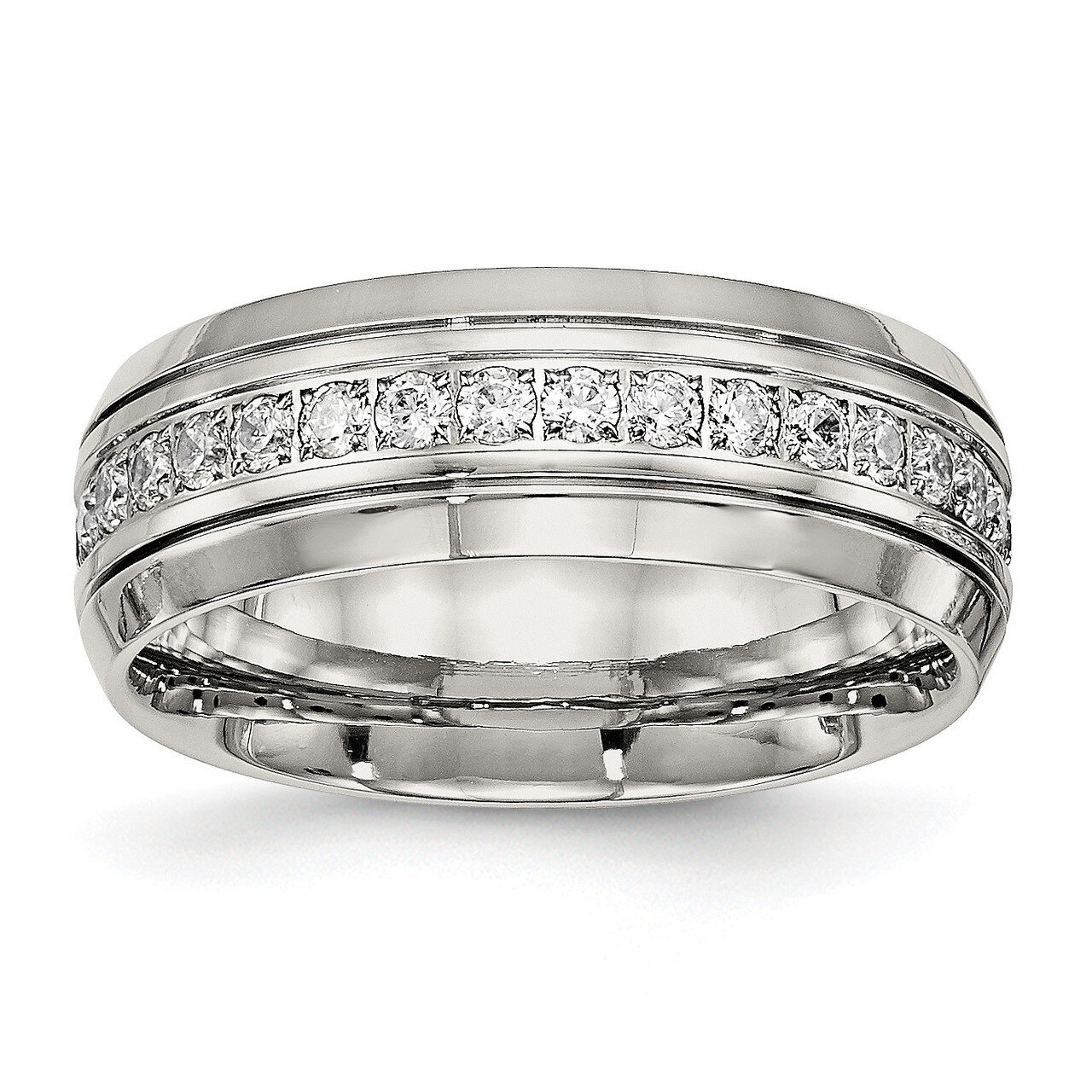 Half Round Grooved CZ Diamond Ring Stainless Steel Polished SR534, MPN: SR534, 191101553356