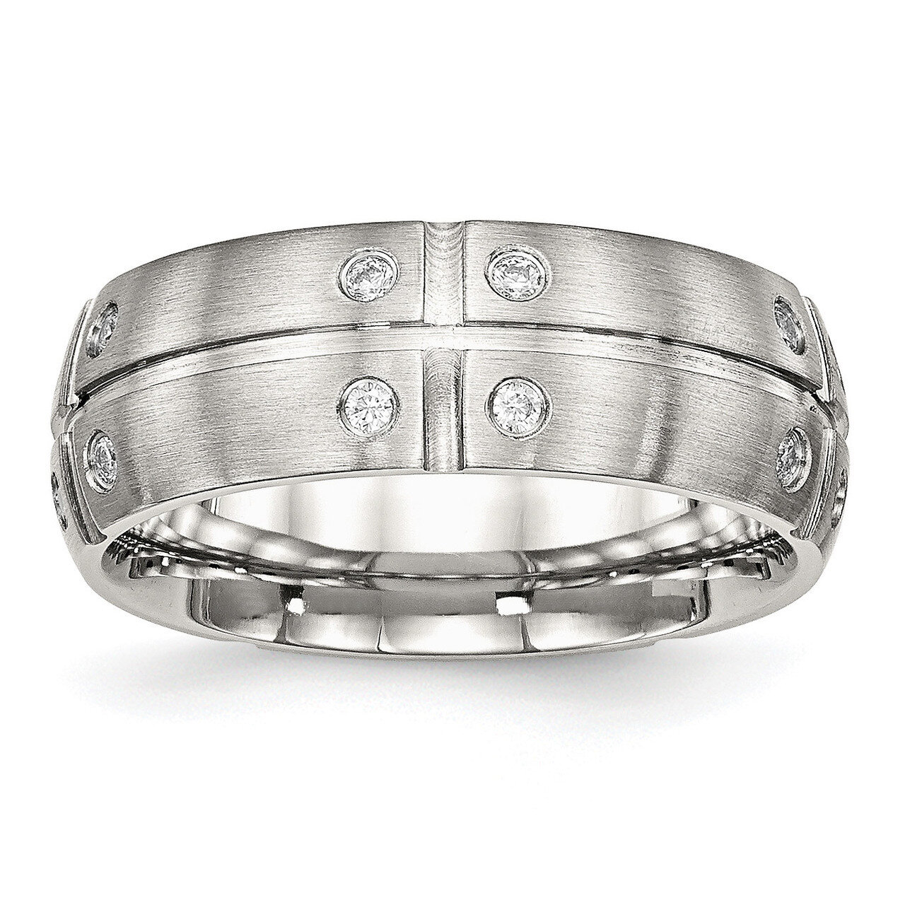 Half Round Grooved CZ Diamond Ring Stainless Steel Brushed SR537, MPN: SR537, 191101559020
