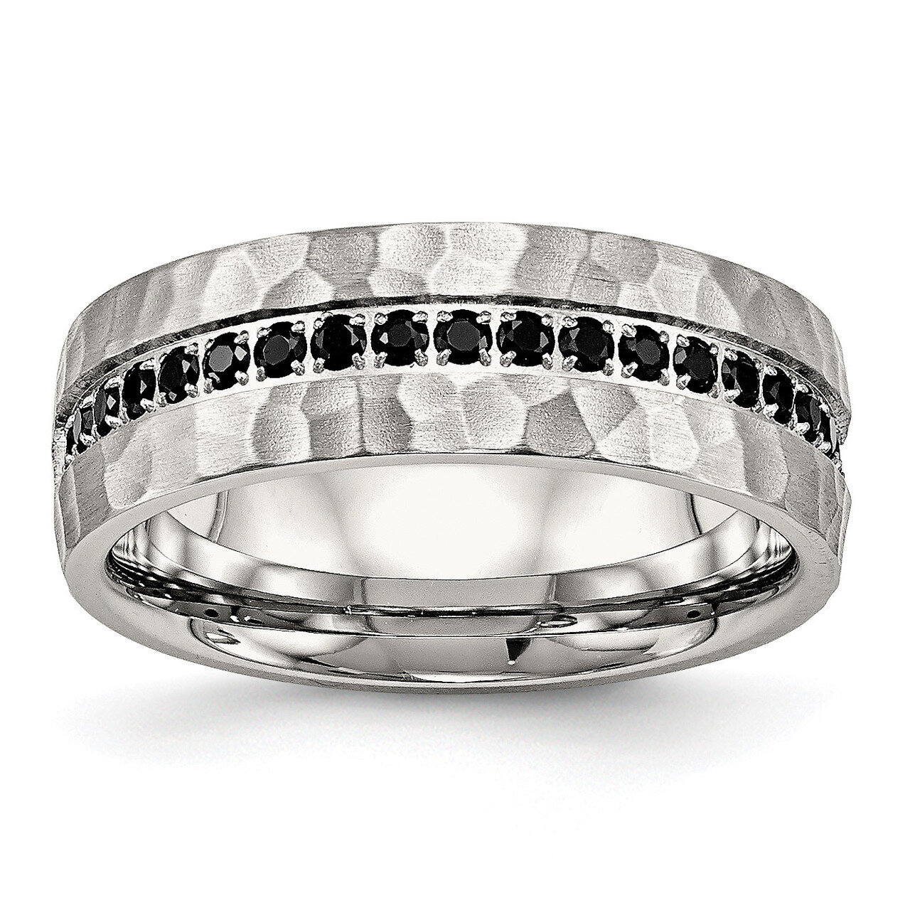 Black CZ Diamond Hammered Ring Stainless Steel Brushed and Polished SR540