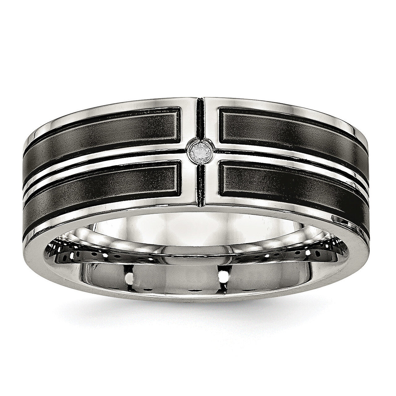 Black IP Plated CZ Diamond Band Stainless Steel Brushed and Polished SR549