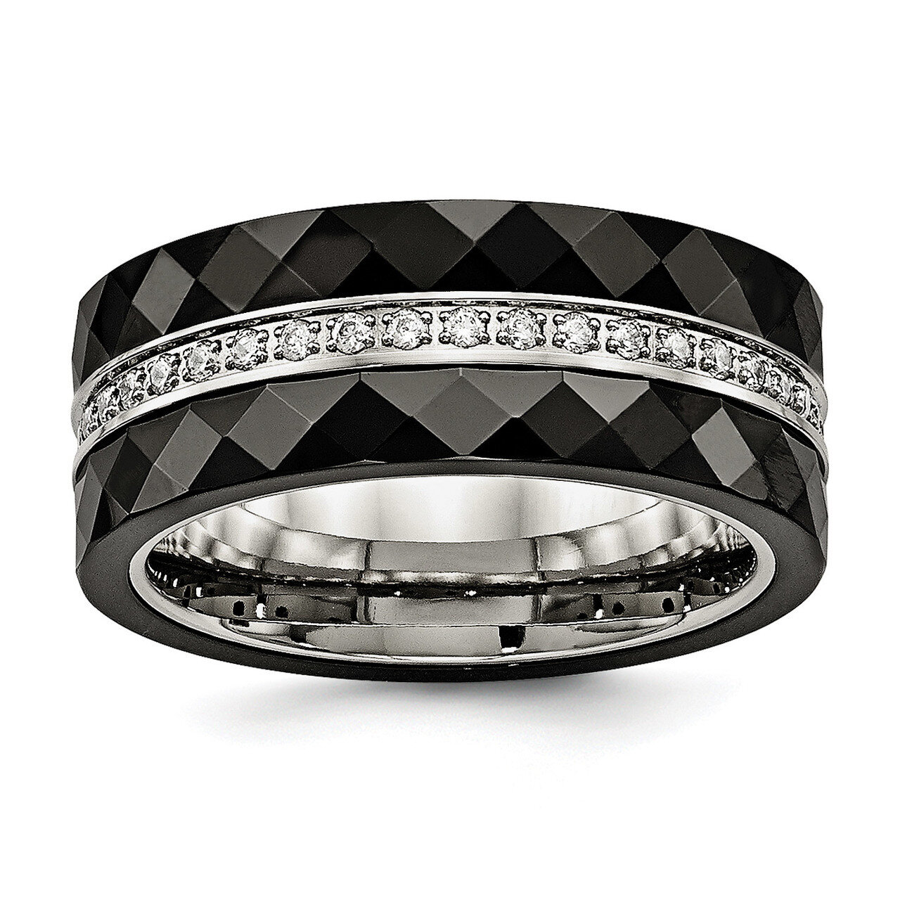 Faceted Black Ceramic CZ Diamond Ring Stainless Steel Polished SR559, MPN: SR559, 191101852800