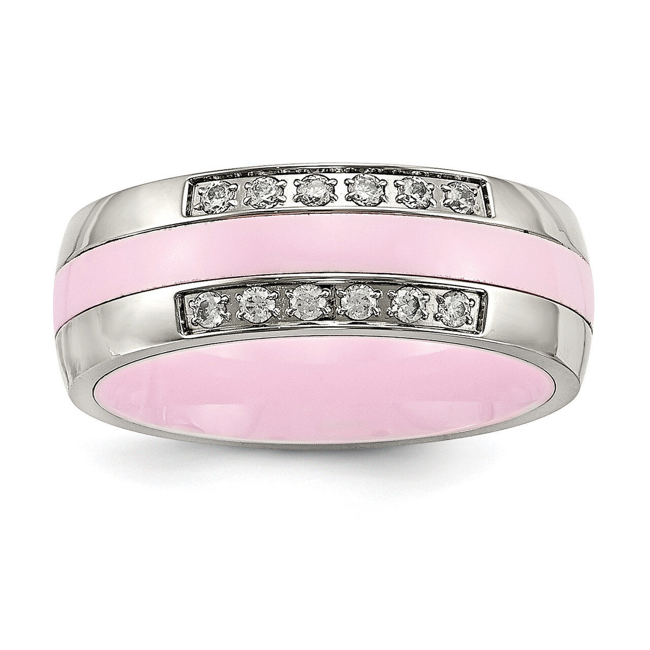 Pink Ceramic CZ Diamond Ring Stainless Steel Polished SR561
