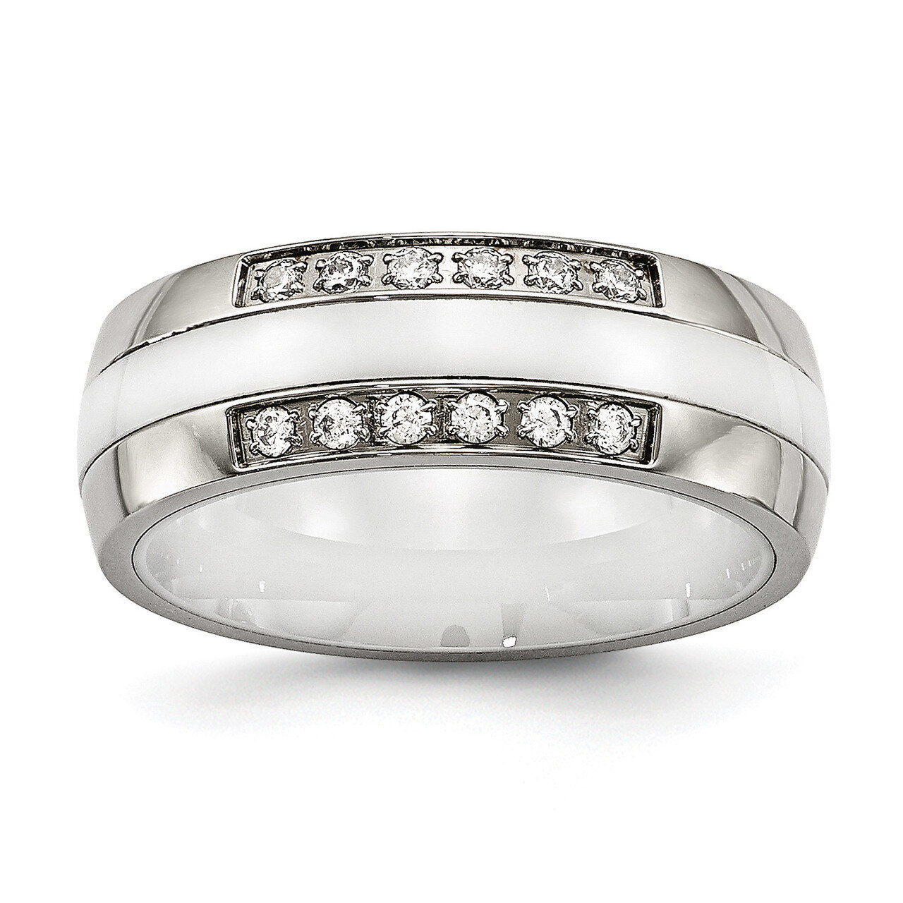 White Ceramic CZ Diamond Ring Stainless Steel Polished SR562
