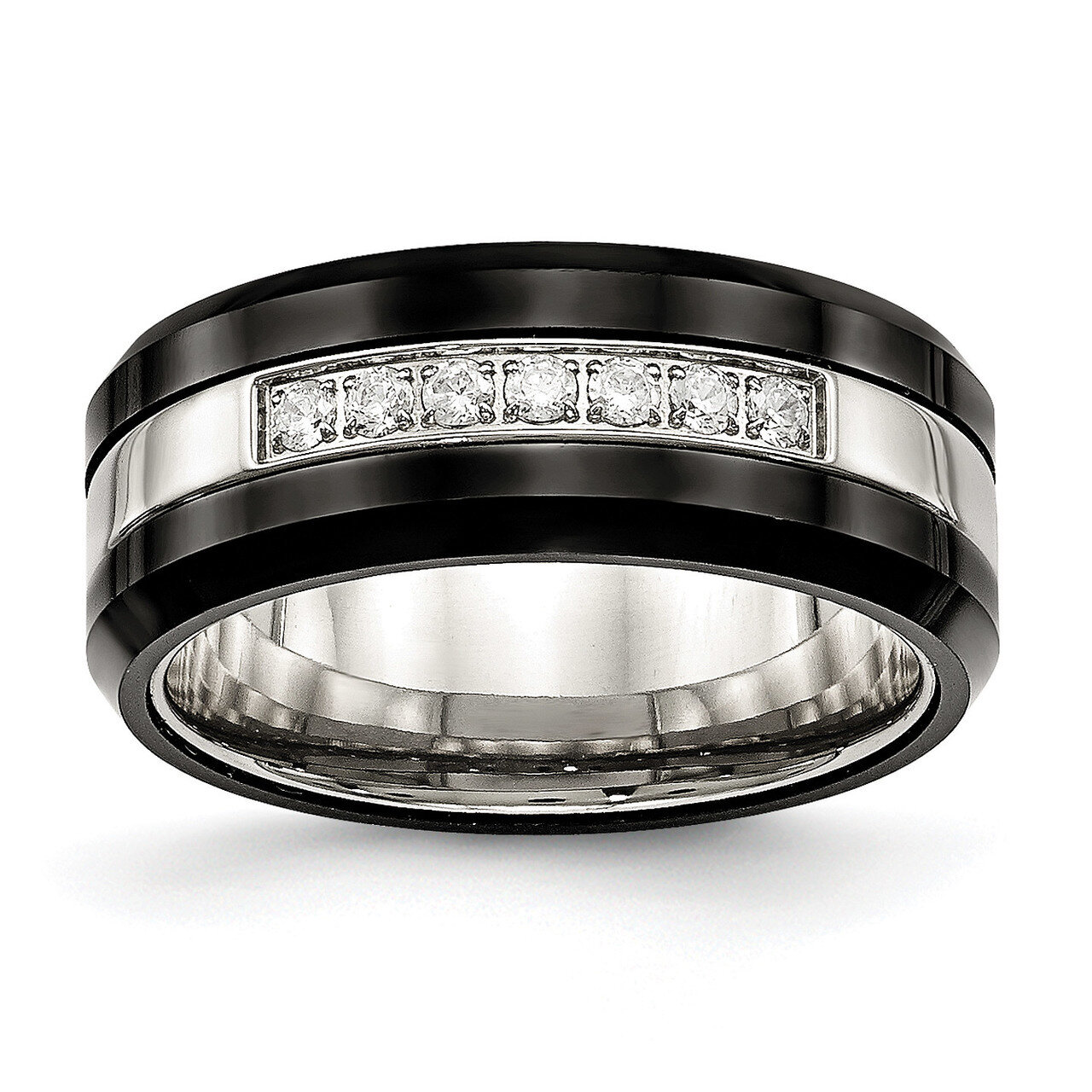 Black Ceramic CZ Diamond Beveled Edge Ring Stainless Steel Polished SR563