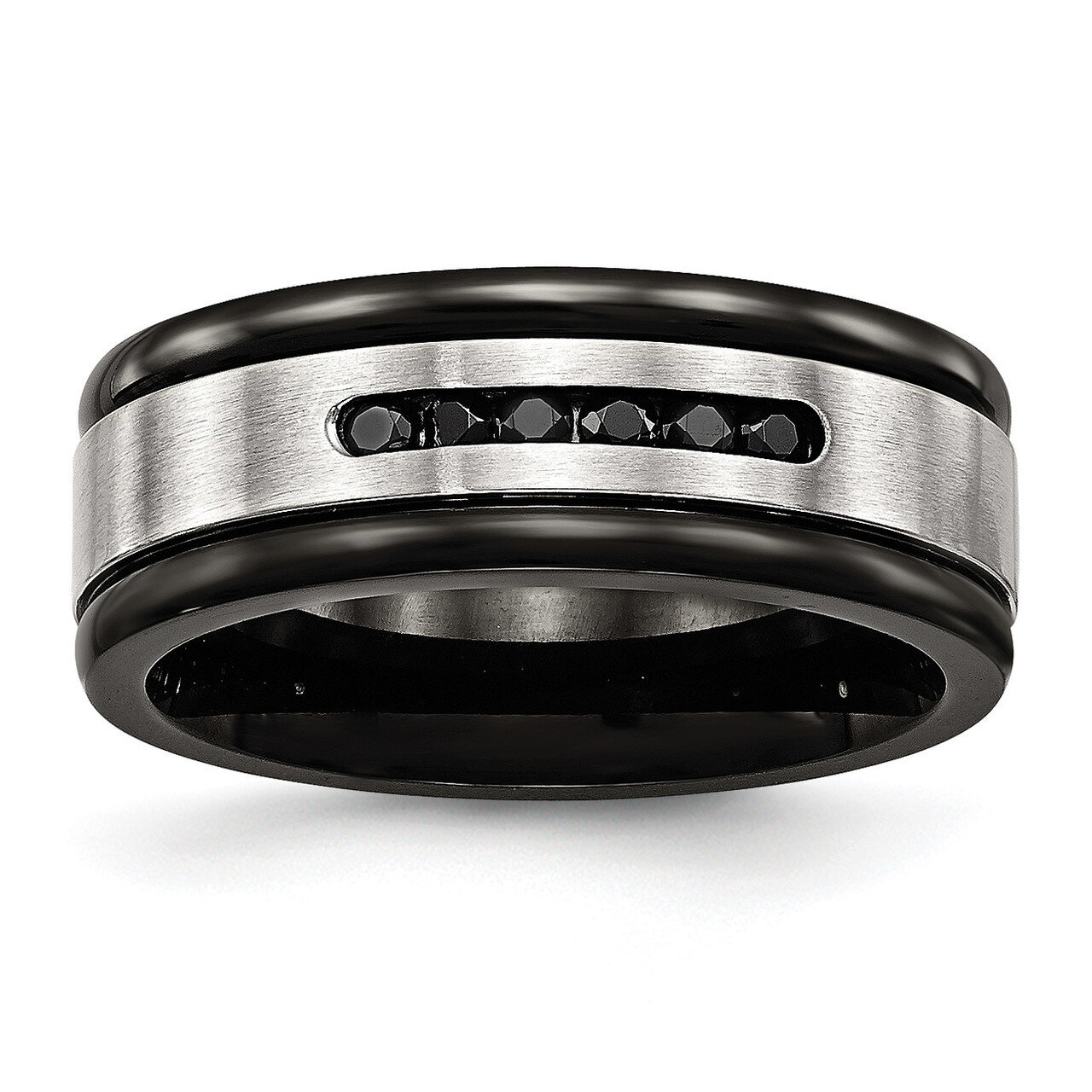 Black IP Grooved Blk CZ Diamond Ring Stainless Steel Brushed Polished SR586, MPN: SR586, 1911015568…