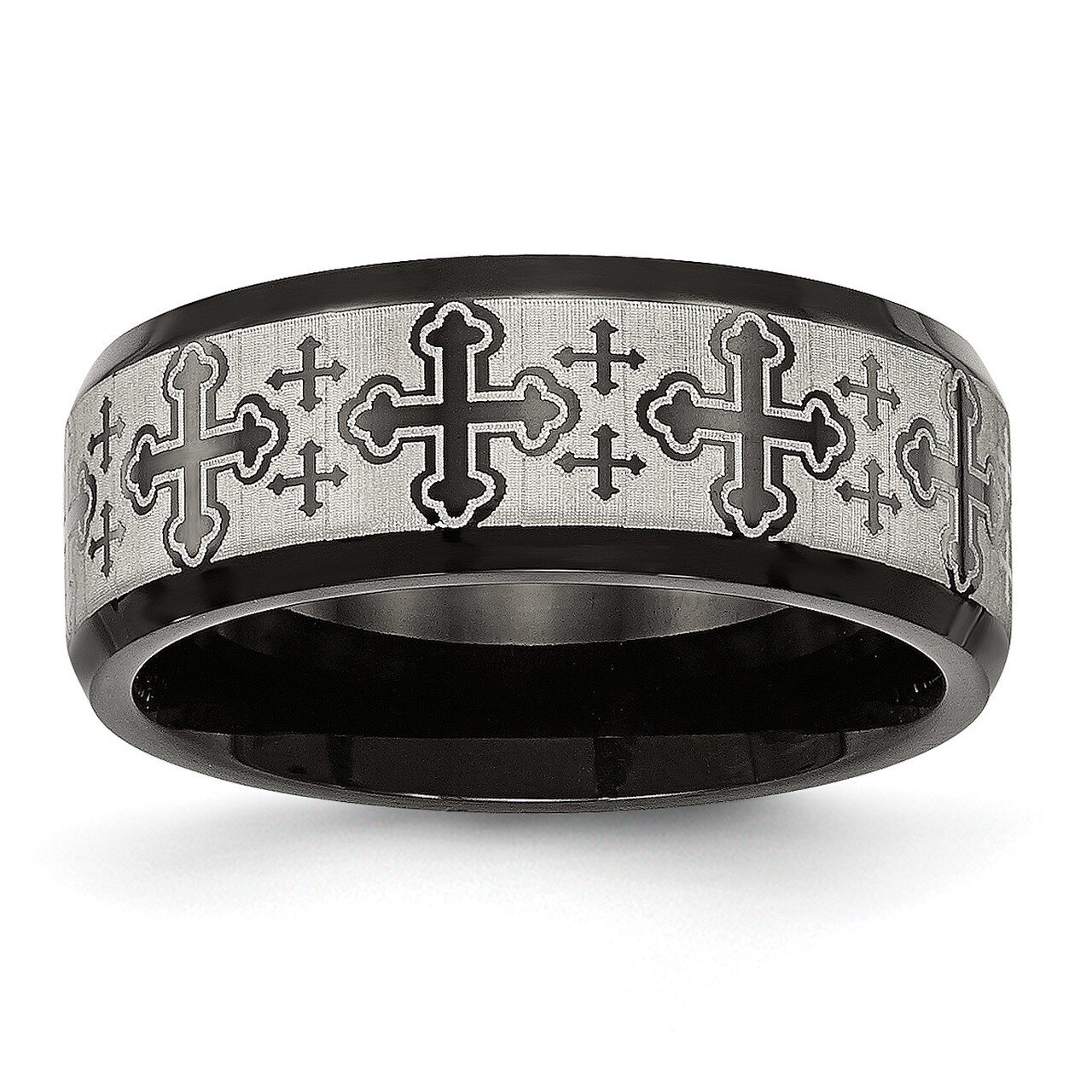 Black IP Laser Etched Pattern Ring Stainless Steel Brushed Polished SR589, MPN: SR589, 886774438344