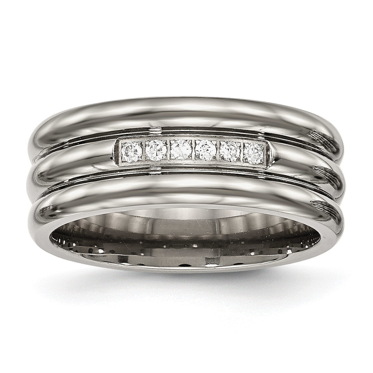 CZ Diamond Ring Titanium Polished Grooved TB481, MPN: TB481, 191101297809