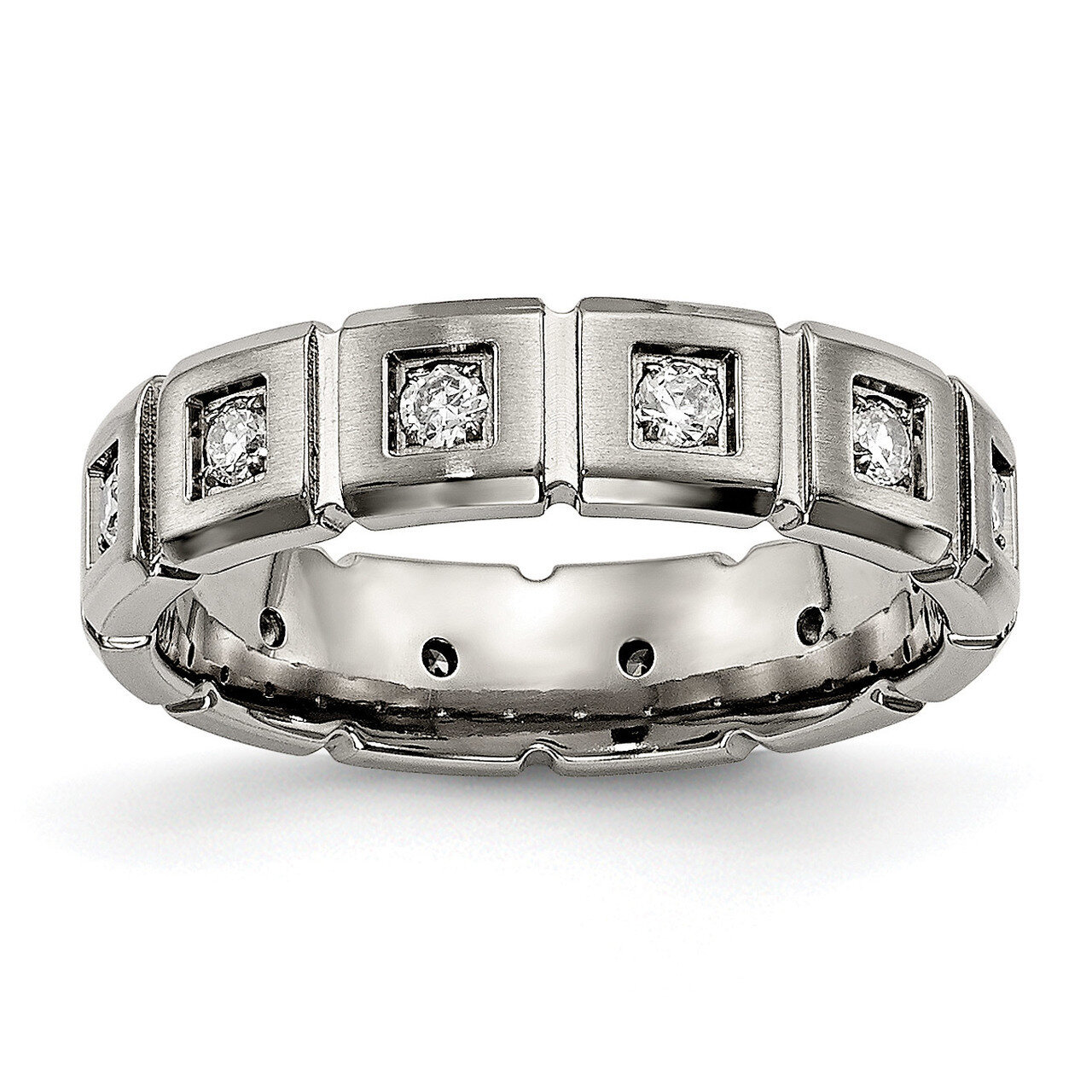 Brushed Polished Grooved CZ Diamond Ring Titanium TB487, MPN: TB487, 191101556494