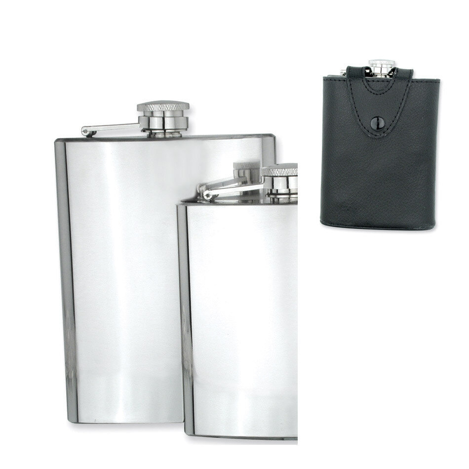 Black Leather Case Polished Stainless Steel 8Oz Hip Flask GP2747