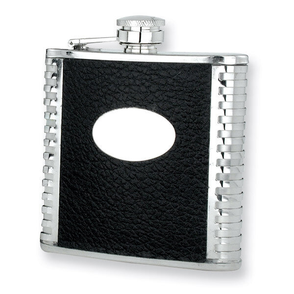 Black Faux Leather Polished Stainless Steel 6Oz Hip Flask GP2760