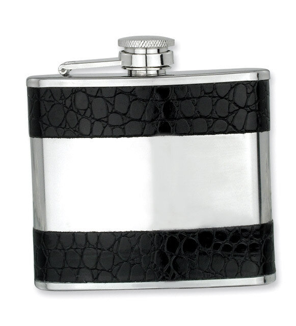 Black Faux Leather Polished Stainless Steel 5Oz Hip Flask GP2762