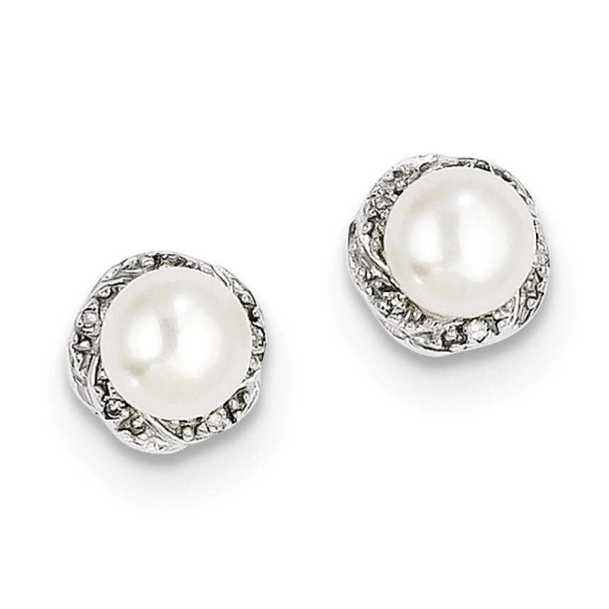 Cultured Pearl &amp; Diamond Post Earrings Sterling Silver Rhodium QDX324, MPN: QDX324, 883957554945