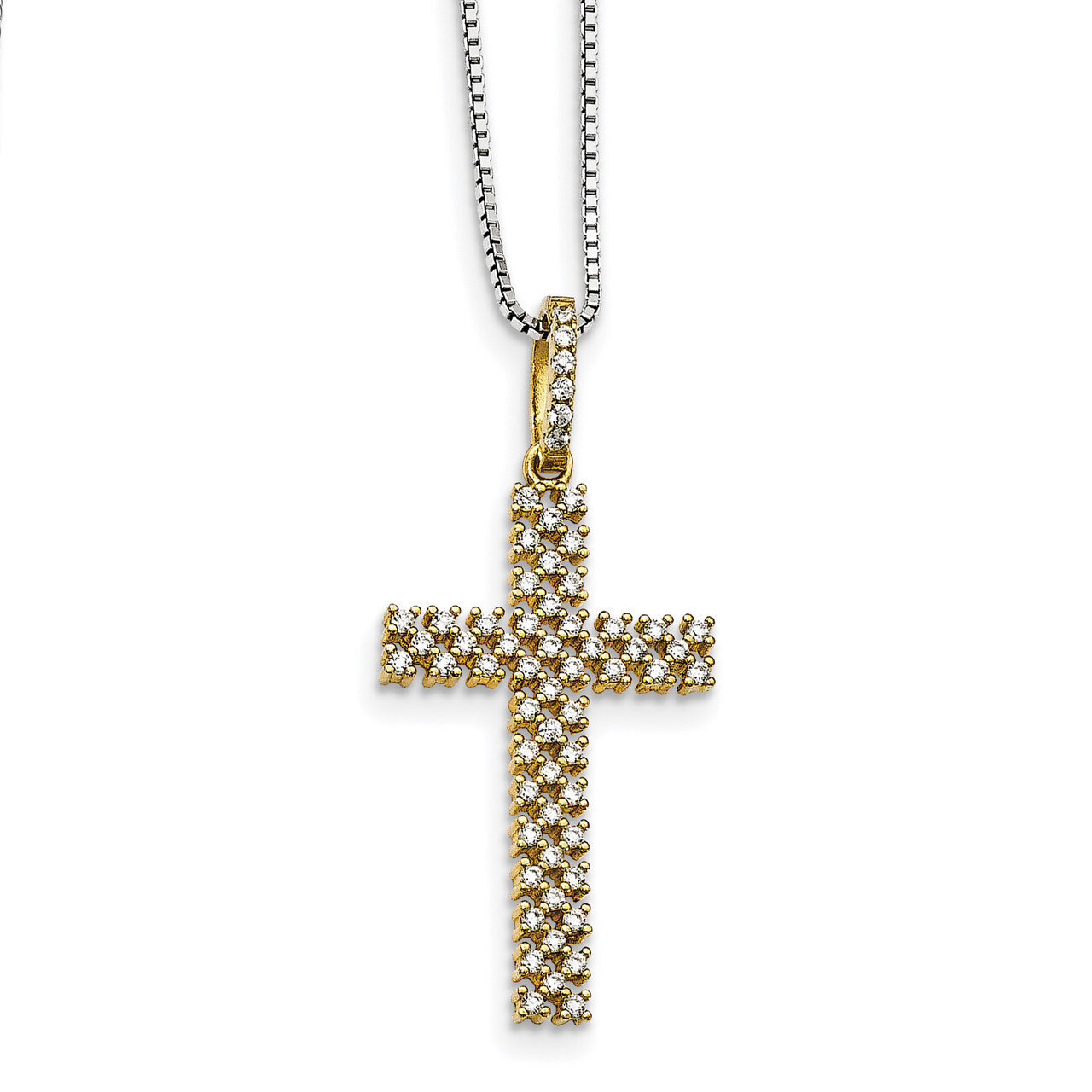 Gold-Tone & CZ Cross Necklace Sterling Silver QMP1417-18