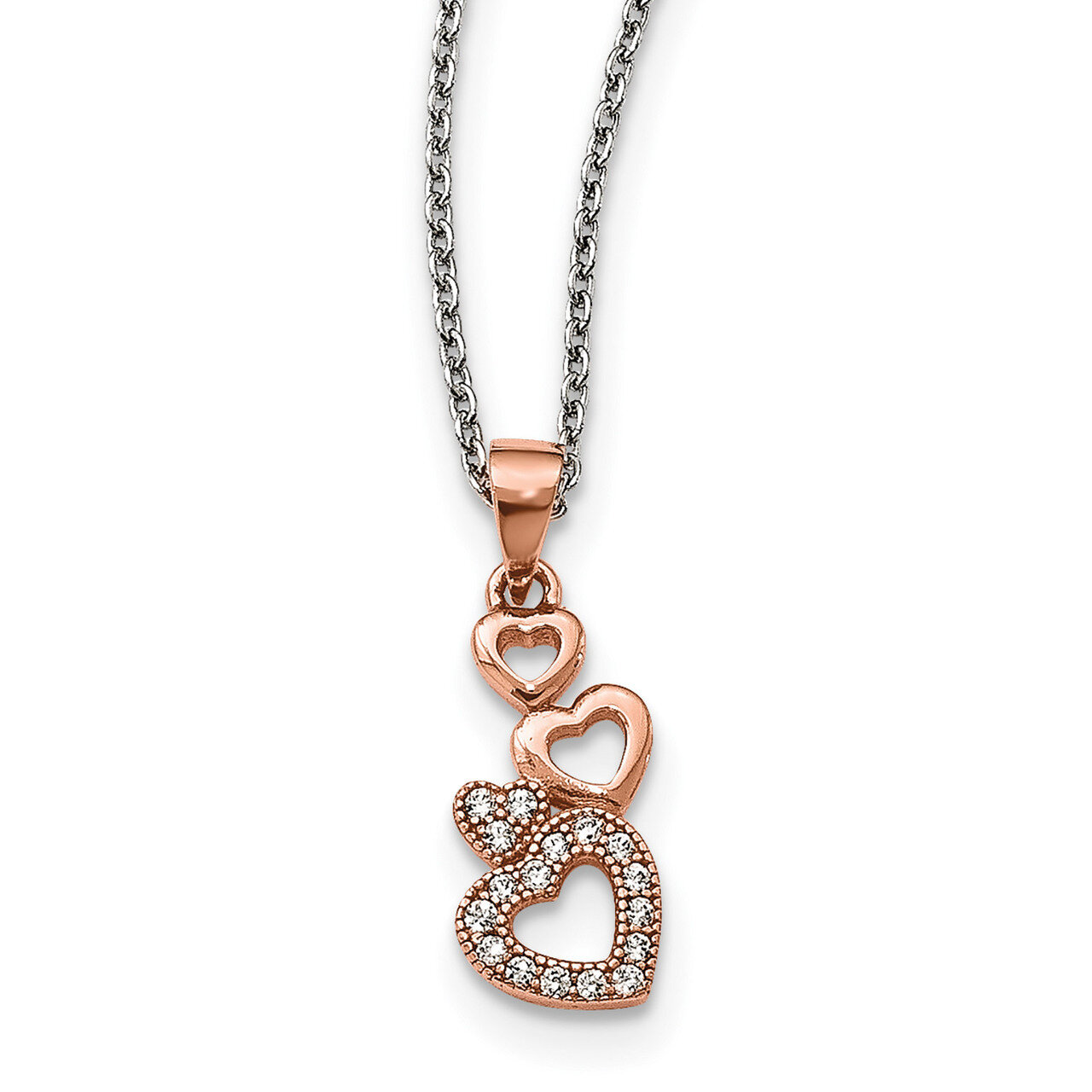 Rose-Tone CZ Hearts Necklace Sterling Silver QMP1462-18, MPN: QMP1462-18, 191101075711